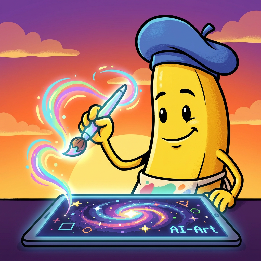 Banana AI mascot painting an AI-generated digital canvas — playful brand illustration of the free banana AI image generator