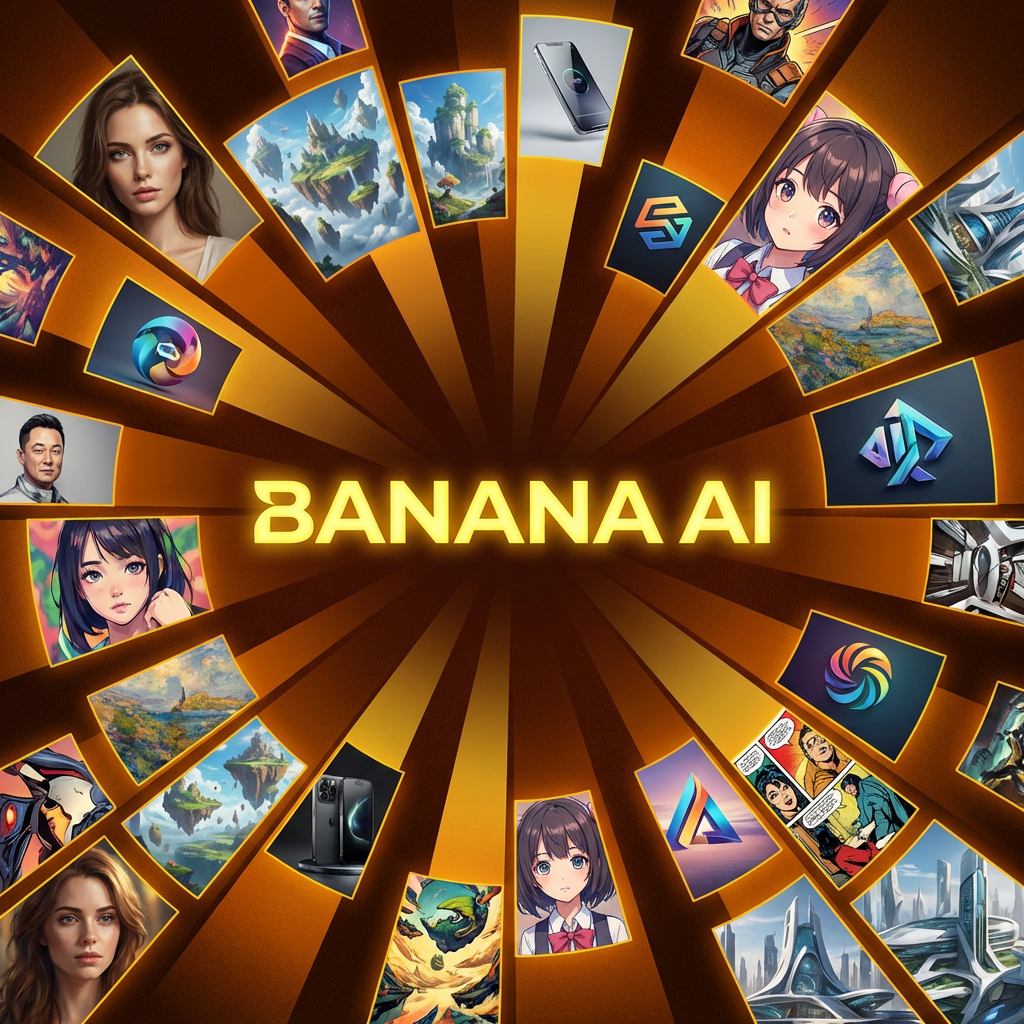 Banana AI logo surrounded by diverse AI-generated images showing every art style the banana ai image generator can produce