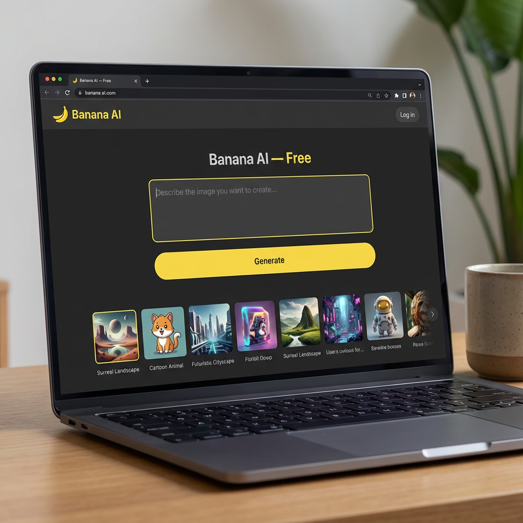 Banana AI free web app interface mockup — text-to-image input and yellow Generate button on the banana ai homepage
