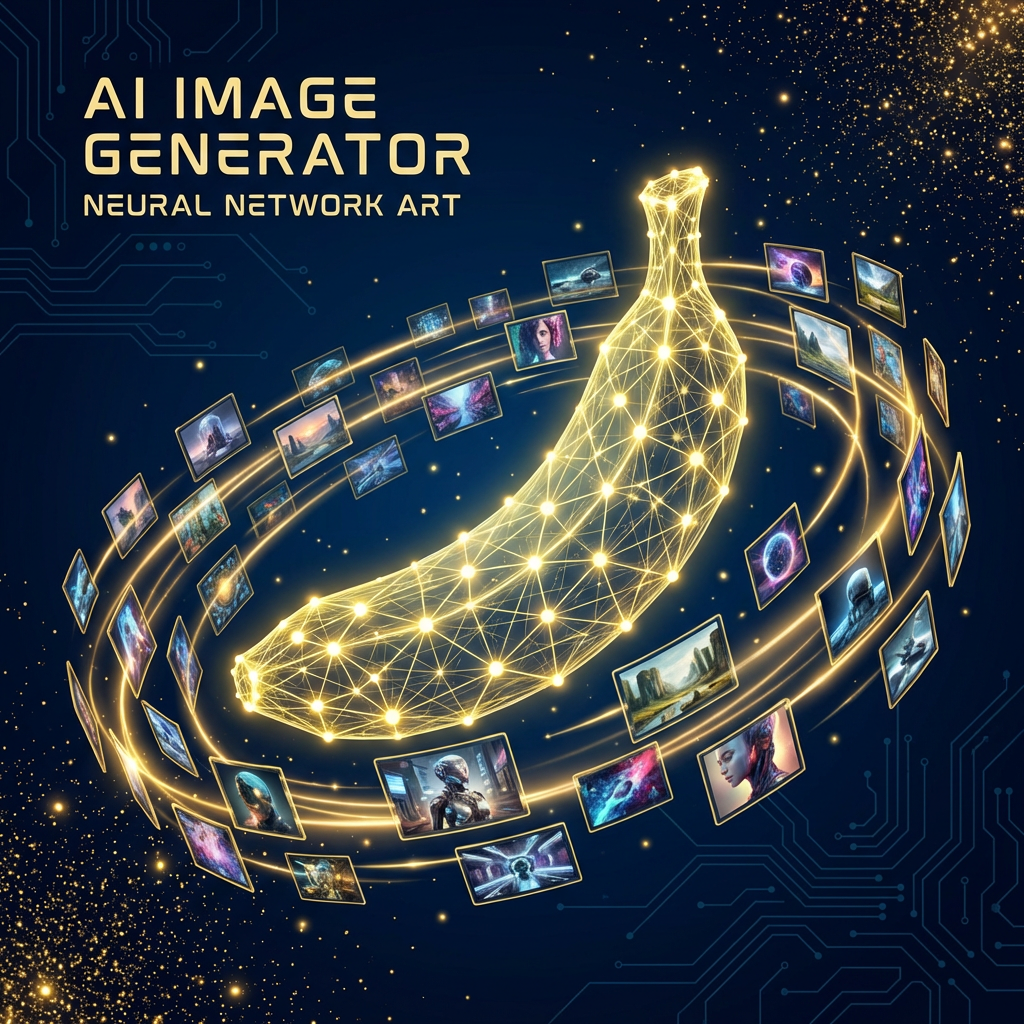 Banana AI neural network illustration showing nano banana ai connecting prompts to generated images