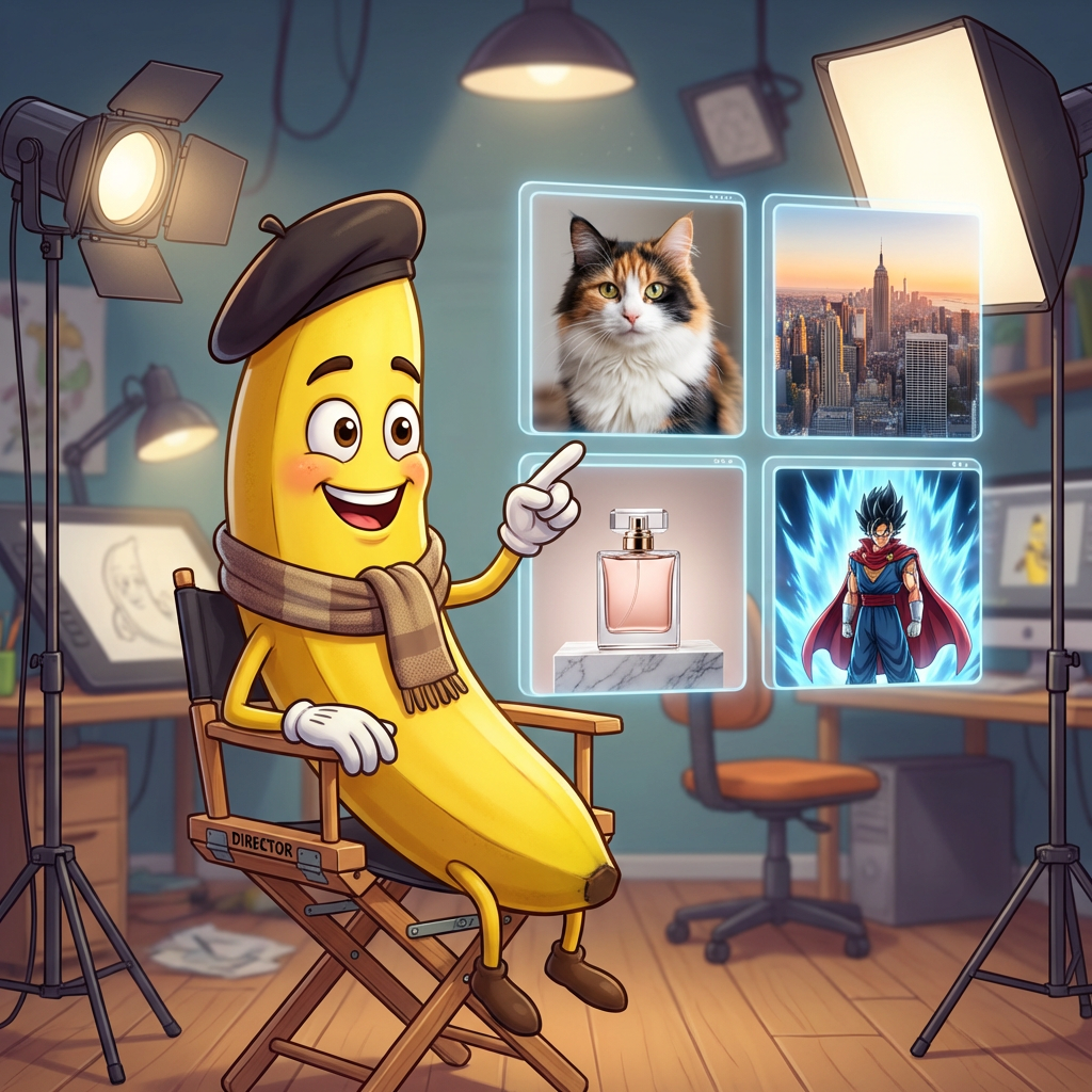 Banana AI mascot directing multiple AI-generated previews — free banana ai image generator showcase