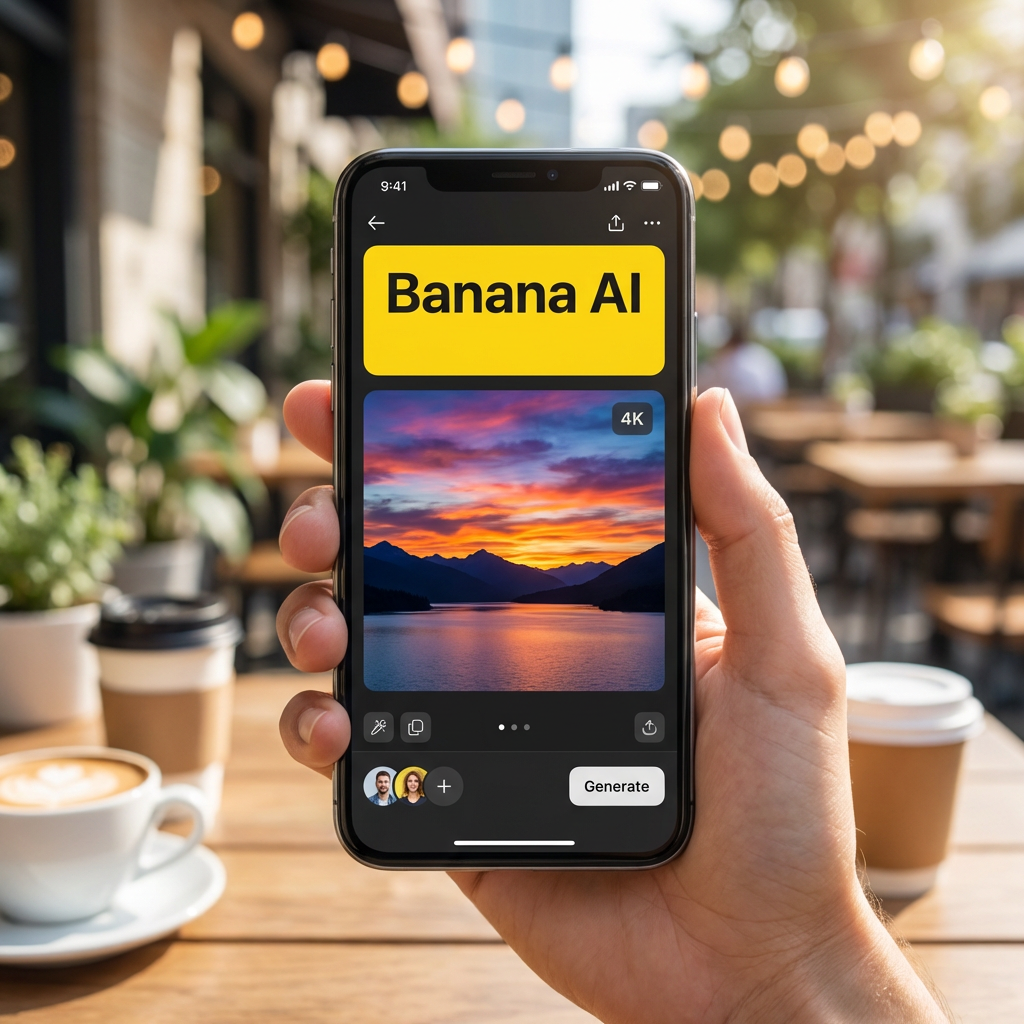 Banana AI app on a smartphone showing a 4K AI-generated landscape — banana ai image ai on mobile