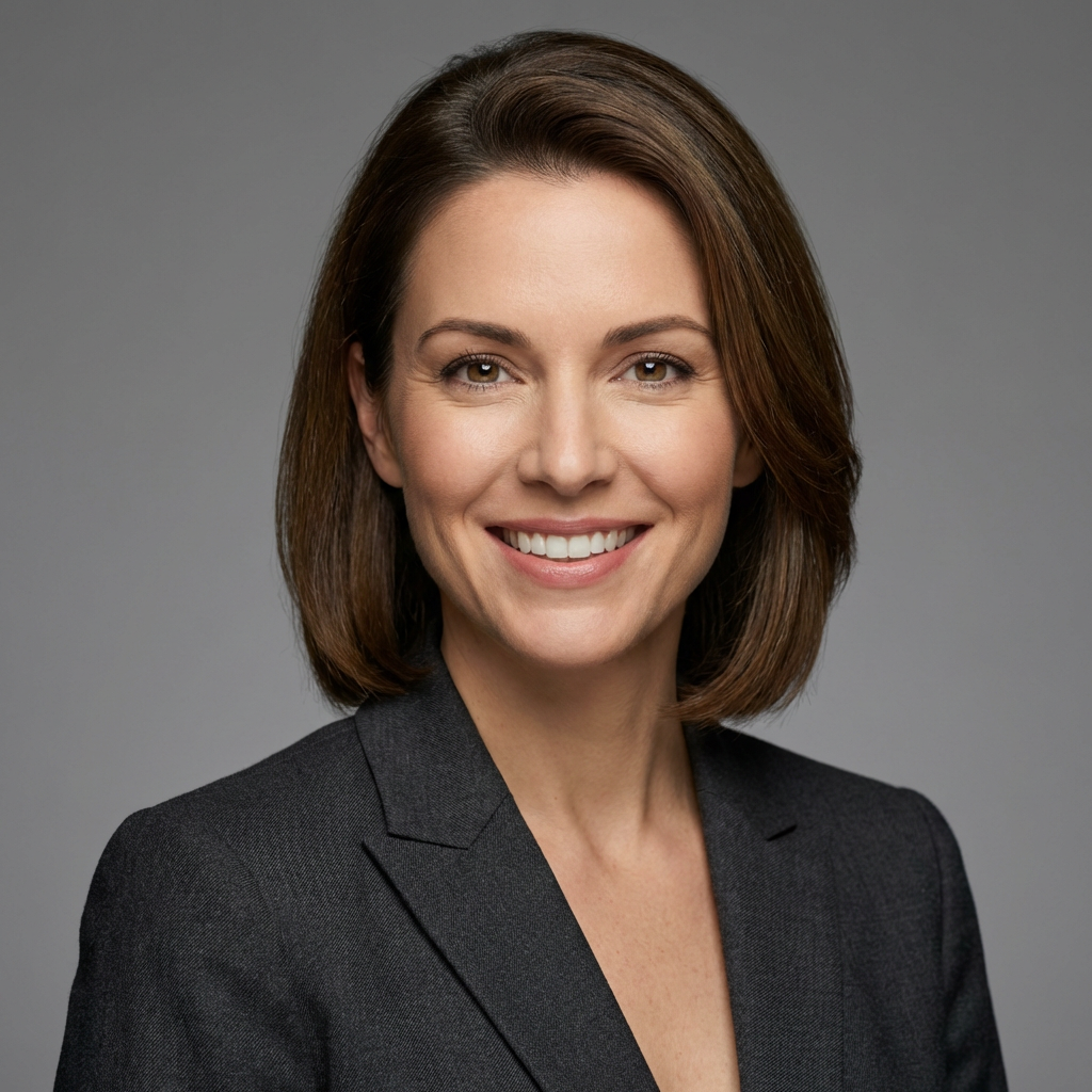 Professional headshot AI sample of a confident business woman in a charcoal blazer, neutral gray studio background, free corporate ai headshot