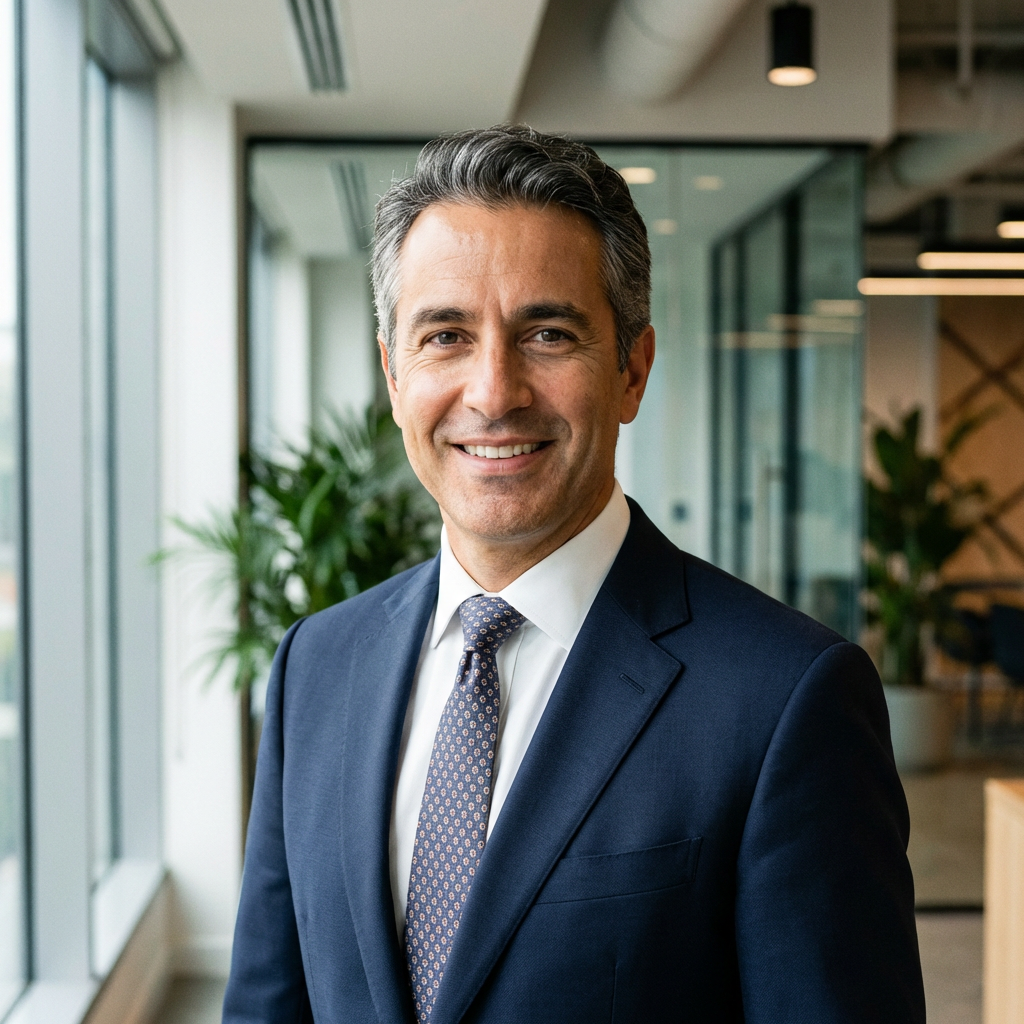 LinkedIn headshot AI sample of a male business professional in navy suit, modern office bokeh, free professional ai headshot