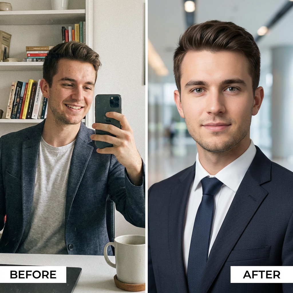Before and after professional headshot AI — casual selfie transformed into a LinkedIn-ready corporate AI headshot