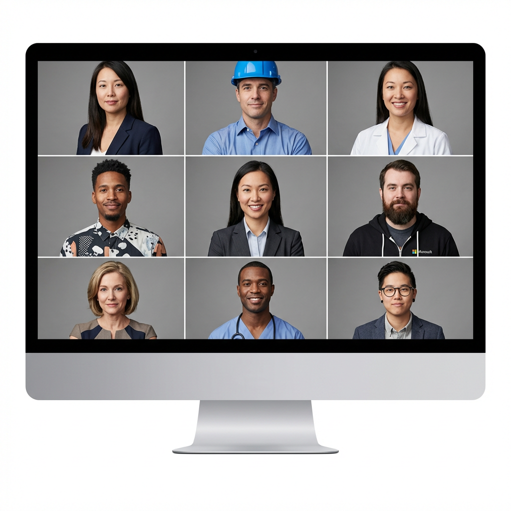 Grid of diverse AI professional headshots — executives, engineers, doctors, creatives — generated by professional headshot AI free