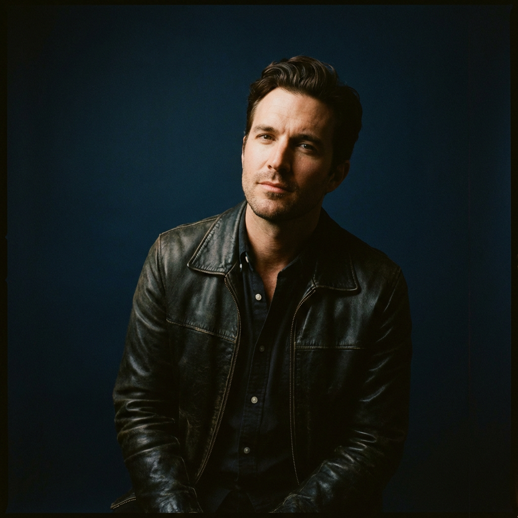 Editorial professional headshot AI of a creative director with cinematic moody lighting, dark navy background, ai professional headshot