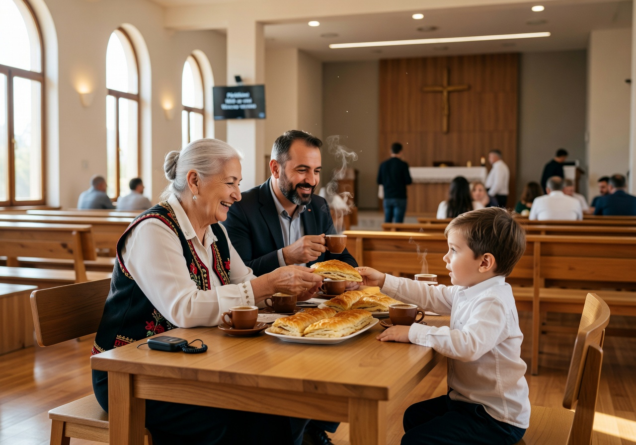 Albanian family sharing byrek and Turkish coffee in church fellowship hall after service