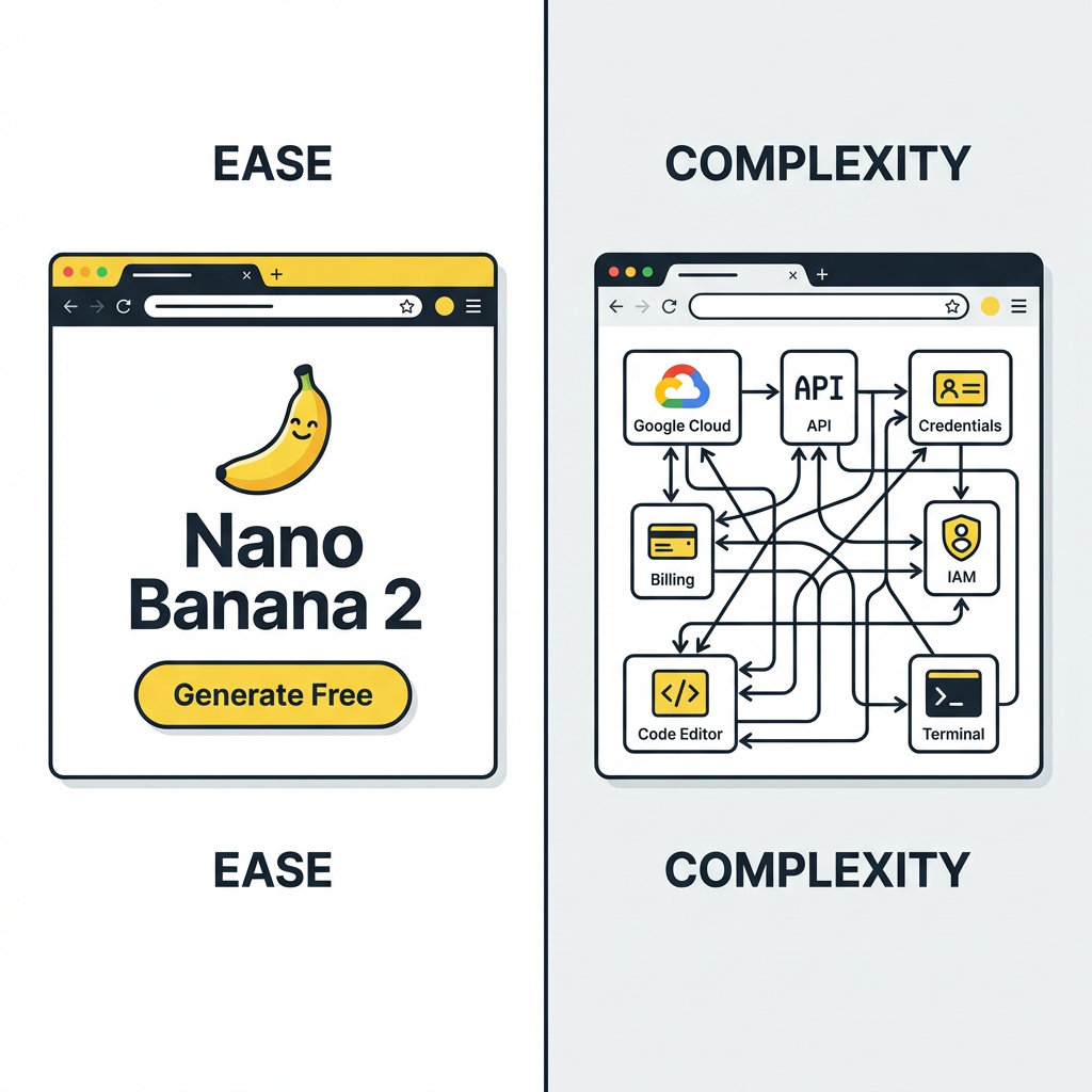 Nano Banana 2 free vs Google Cloud API setup comparison — nano banana 2 free no sign up is one click vs complex billing