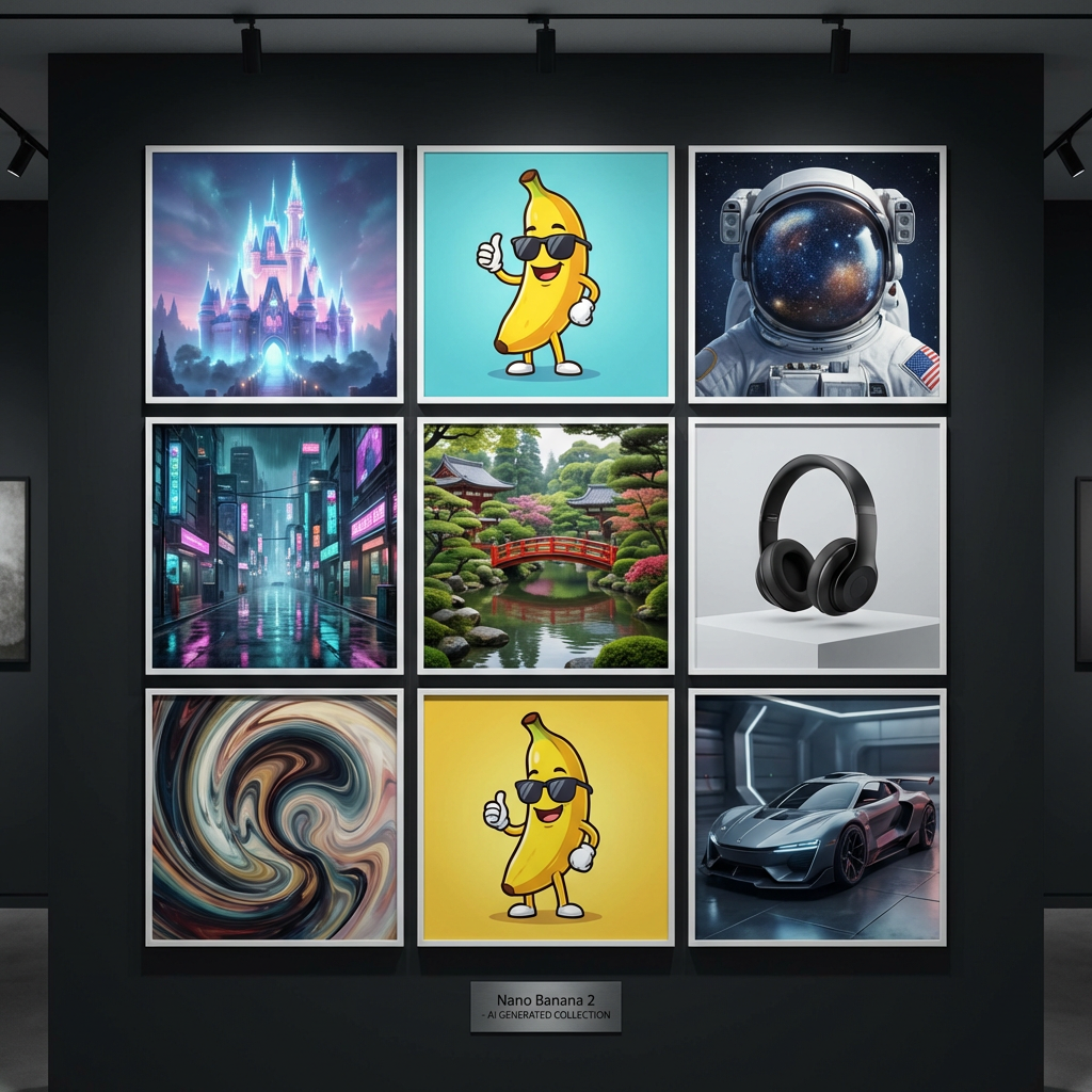 Diverse 4K AI images created with Nano Banana 2 free — castle, mascot, astronaut, cyberpunk city, garden, product render