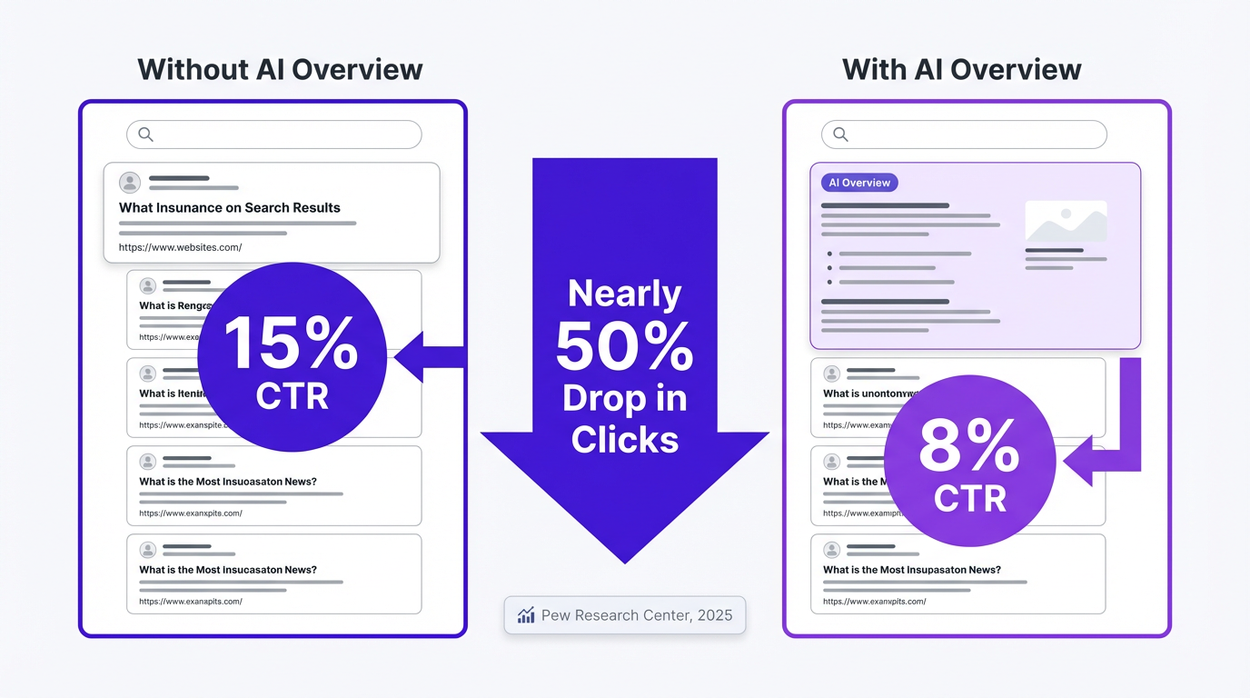 Infographic showing the impact of AI Overviews on click-through rates, illustrating the shift that drives ai search visibility optimization