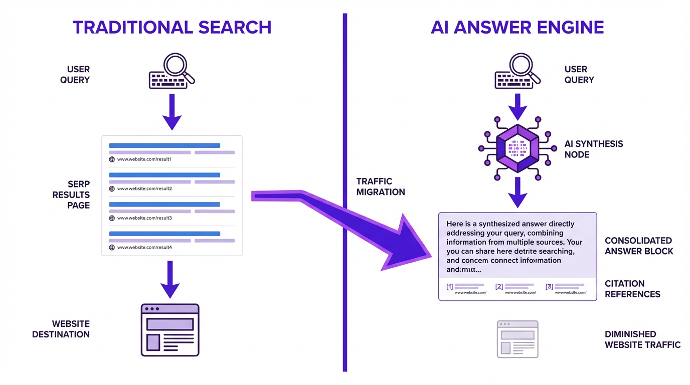 Traditional search vs AI answer engine traffic flow comparison diagram