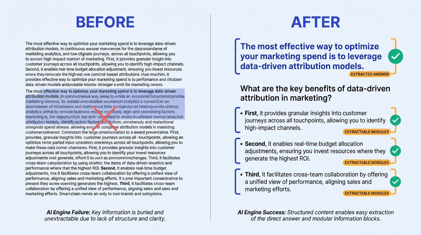 Before and after content restructuring for AI answer extractability