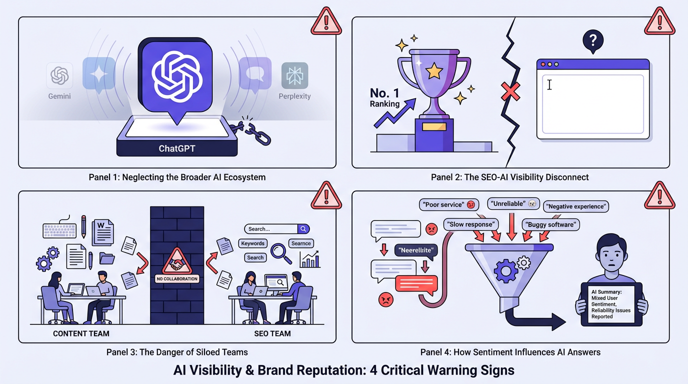 Common AI search visibility optimization mistakes illustrated as four warning scenarios