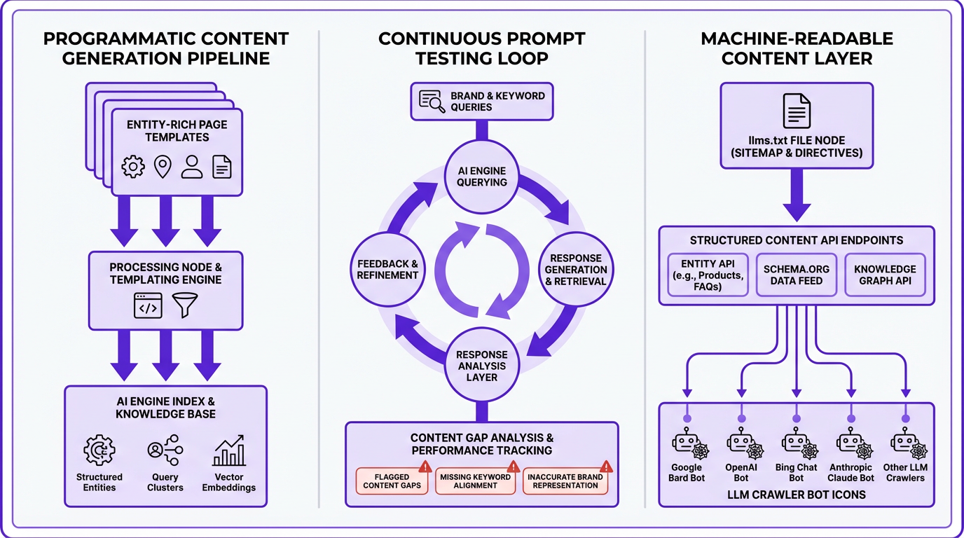 Advanced AI search visibility tactics including programmatic content, prompt engineering, and llms.txt architecture