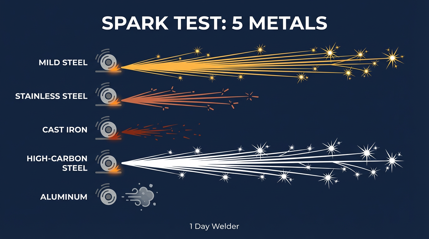Spark-test cheat sheet showing spark patterns for mild steel, stainless steel, cast iron, high-carbon steel, and aluminum on a dark background