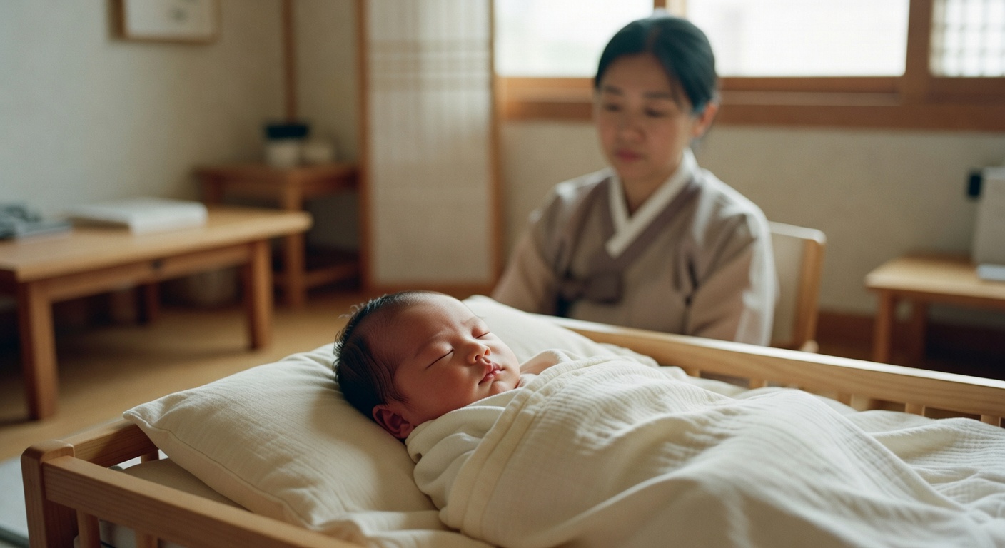 sleeping newborn baby wrapped in a soft blanket in a crib