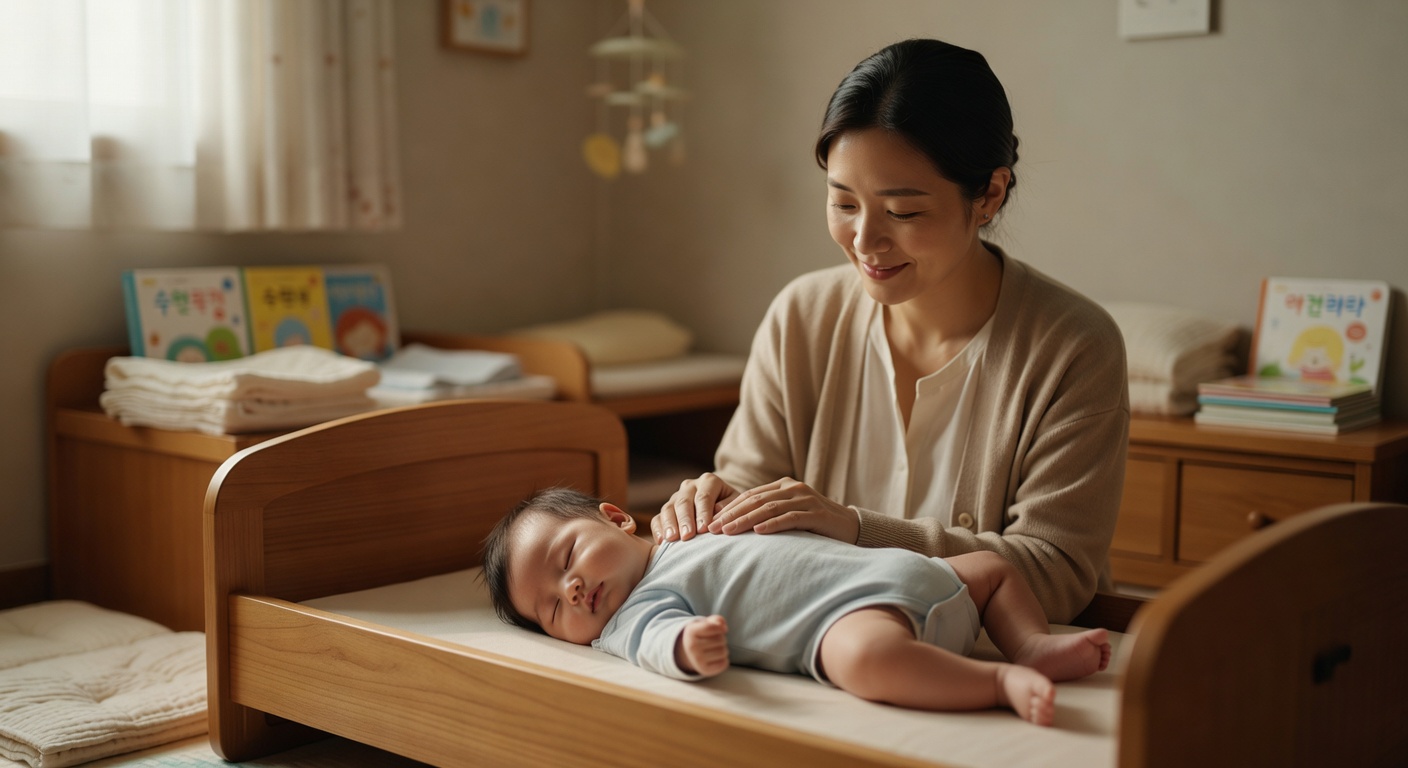 Korean mother gently patting a sleeping baby in a dimly lit nursery room