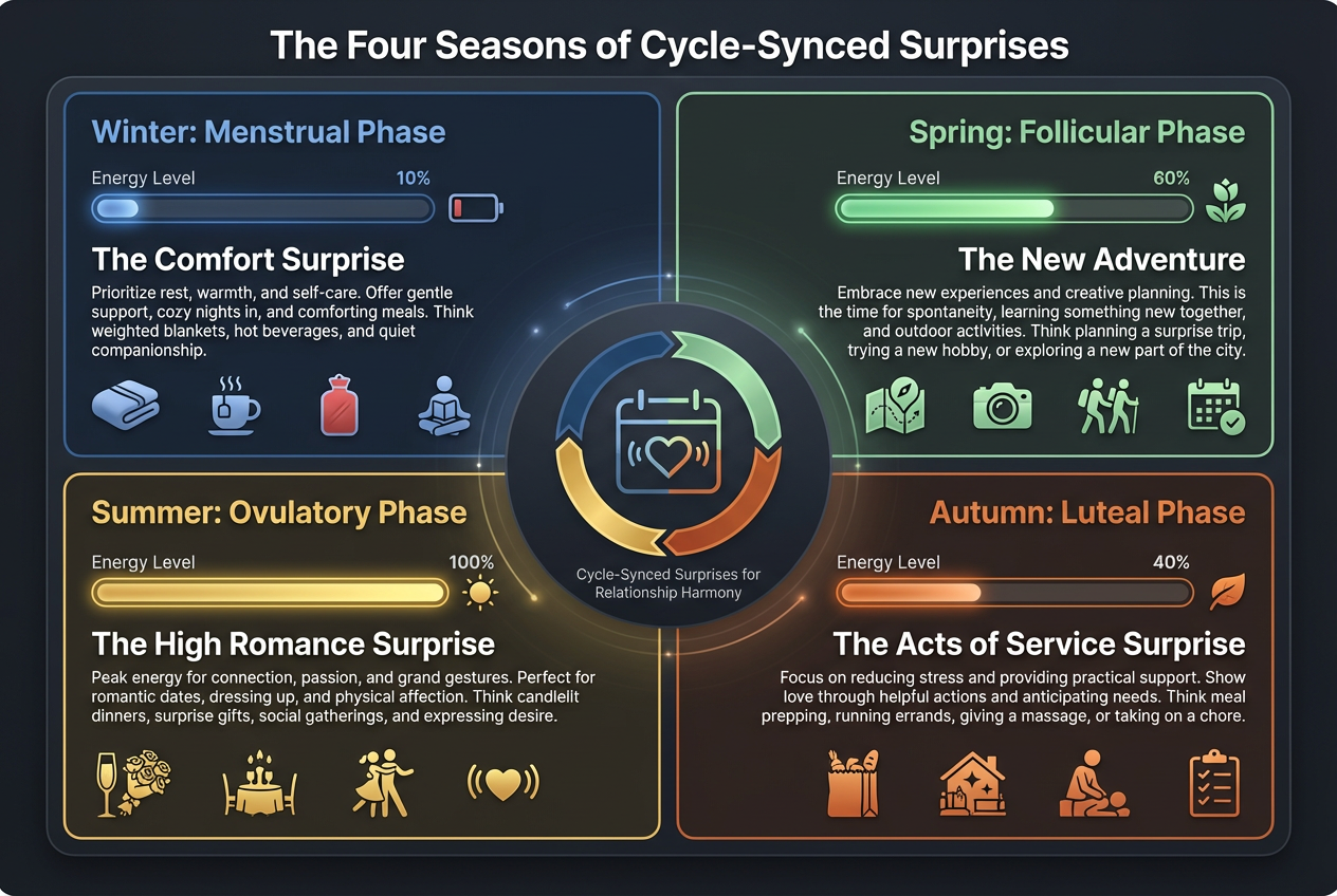 An infographic showing the four phases of a cycle: Winter for comfort, Spring for adventure, Summer for romance, and Autumn for acts of service.