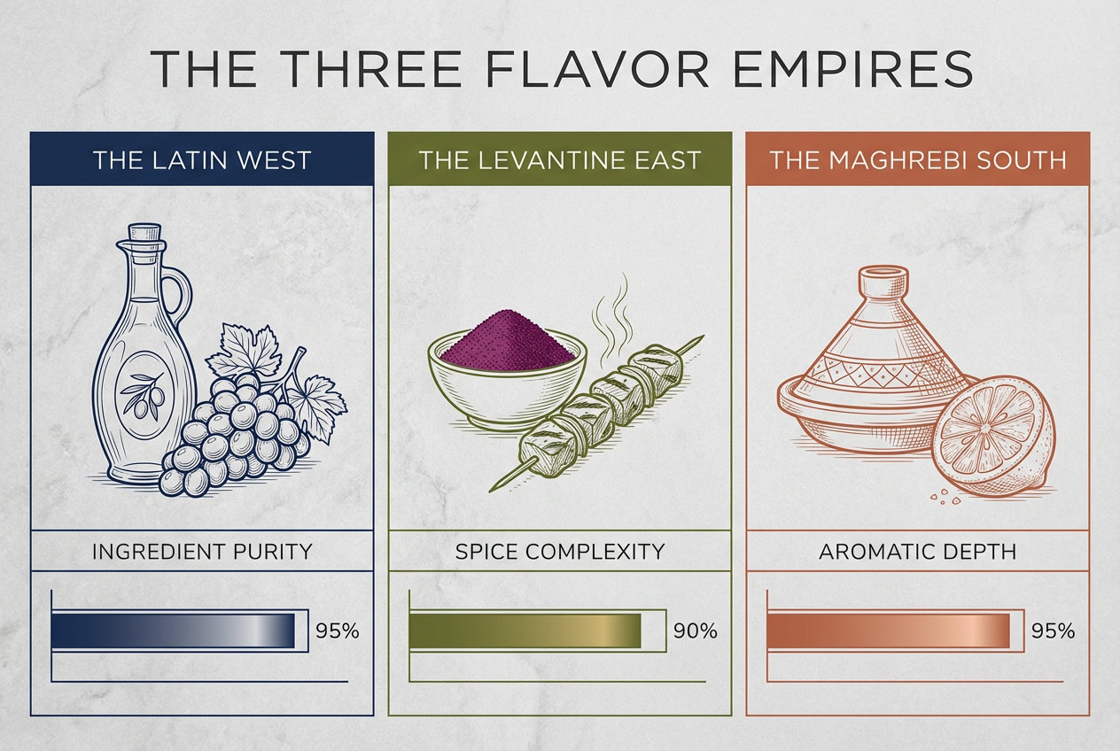 Comparison chart of Mediterranean regions: Latin West, Levantine East, and Maghrebi South, showing key pillars like purity, complexity, and aromatics.