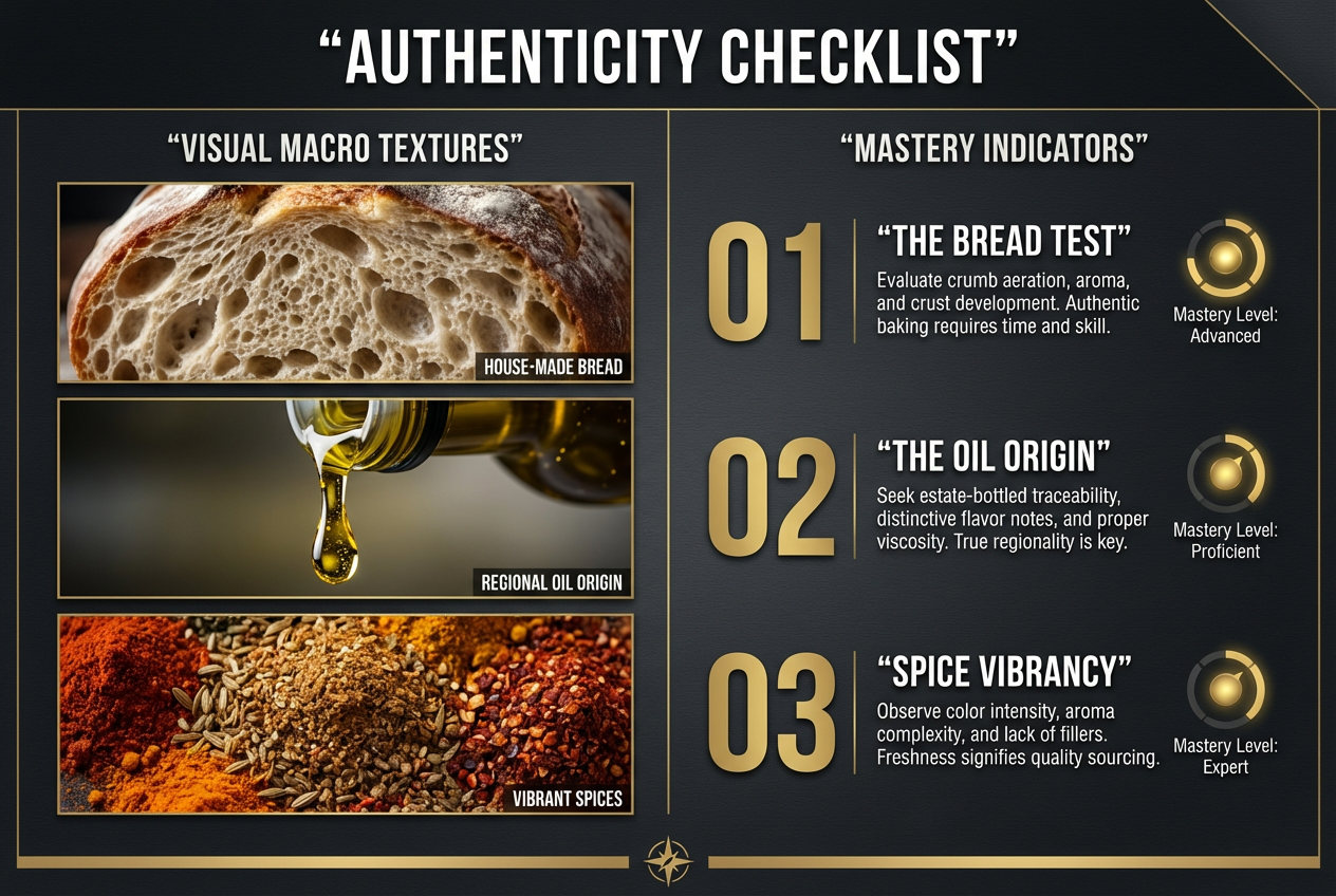 A professional checklist for identifying authentic Mediterranean food, focusing on house-made bread, olive oil origin, and spice vibrancy with bold numbers.