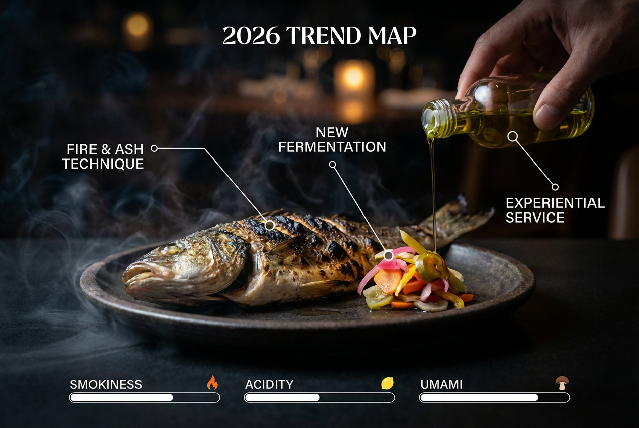 Technical breakdown of a modern Mediterranean fish dish showing fire-cooking, fermentation, and experiential service trends with intensity bars.
