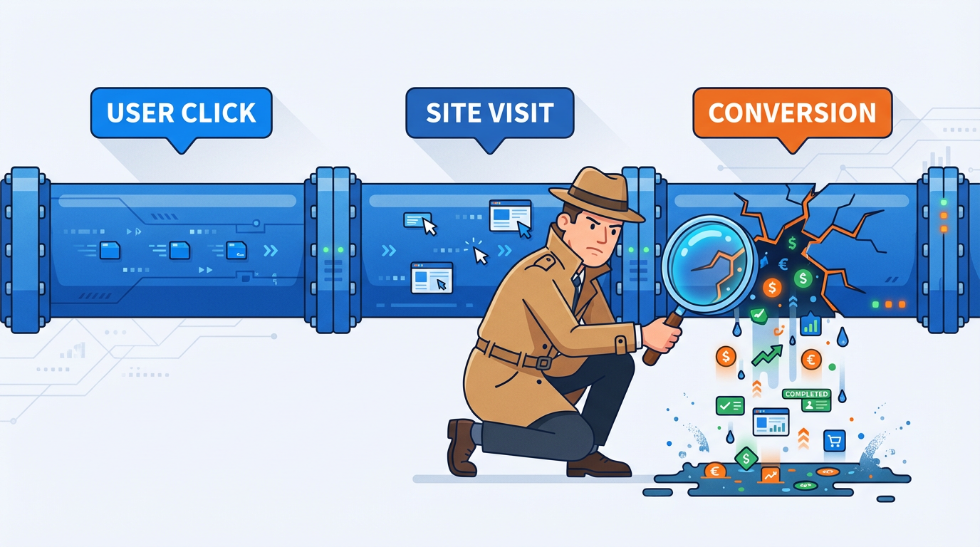 An illustration showing a data analyst troubleshooting a broken conversion tracking pipeline.
