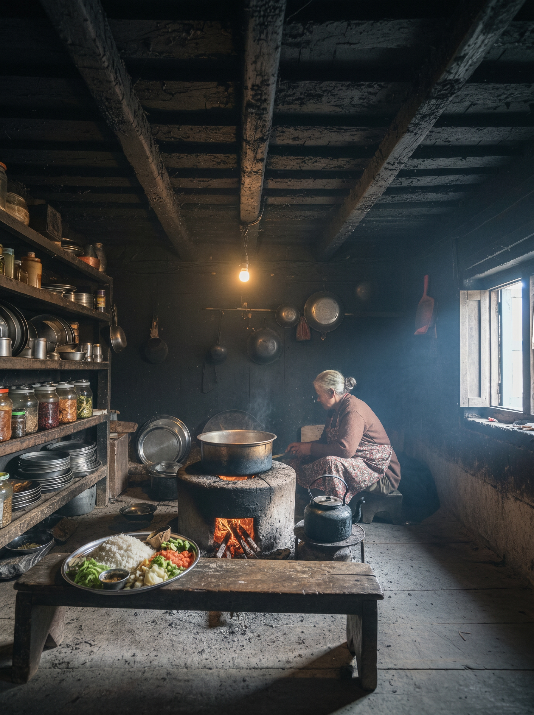 Teahouse interior — Gurung family kitchen, Chomrong