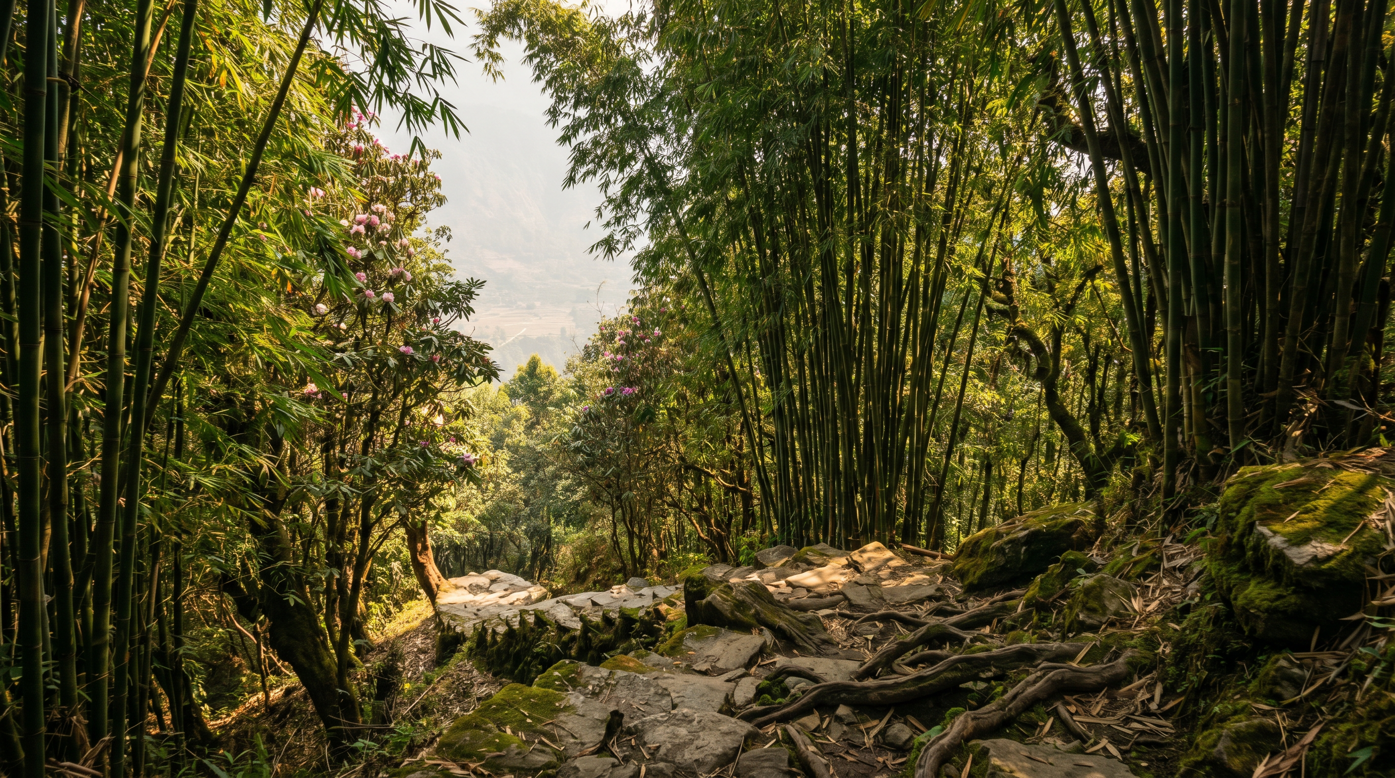 Narrow valley between Himalaya and Deurali, Machhapuchhre above the cliff line