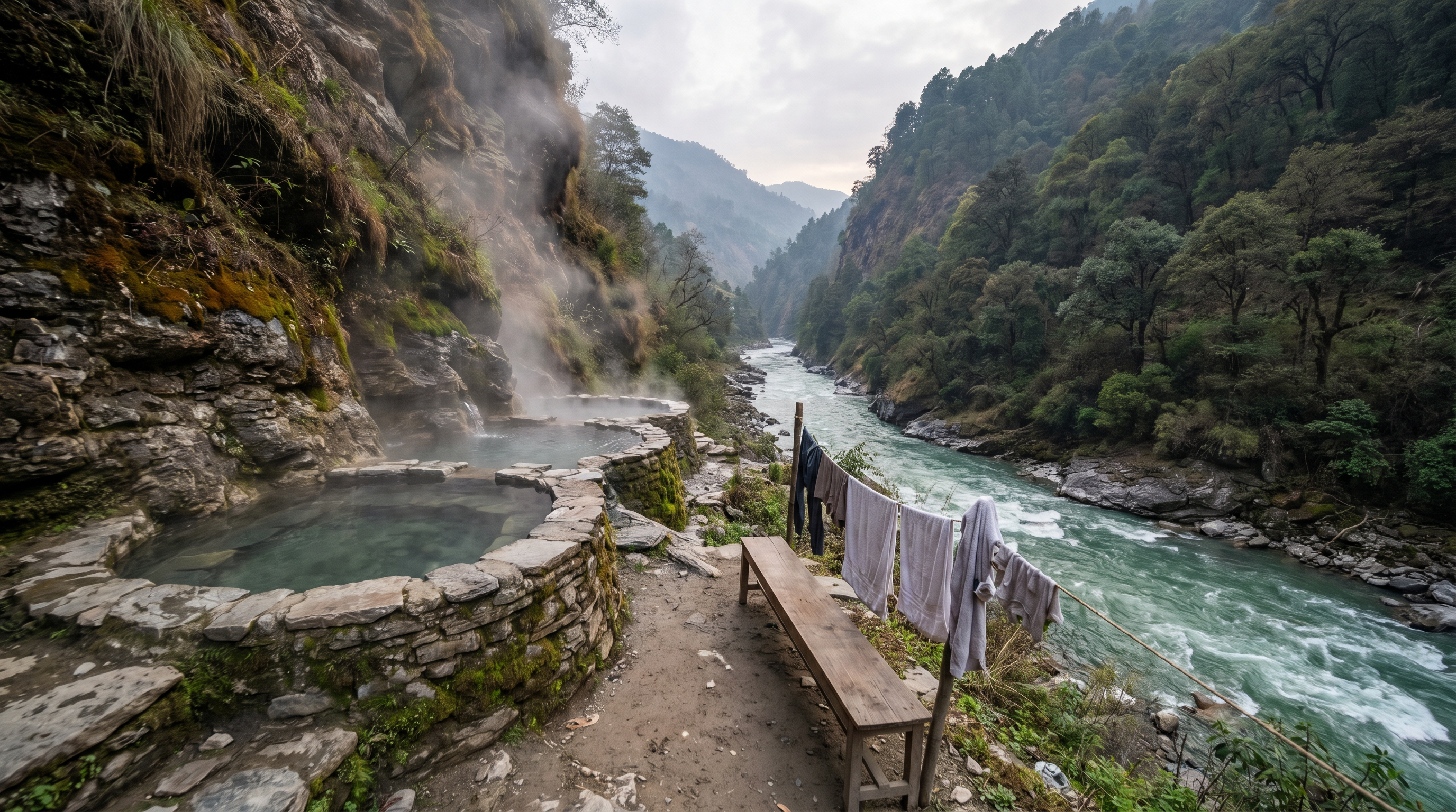 Hot springs at Jhinu Danda — three pools by the Modi Khola