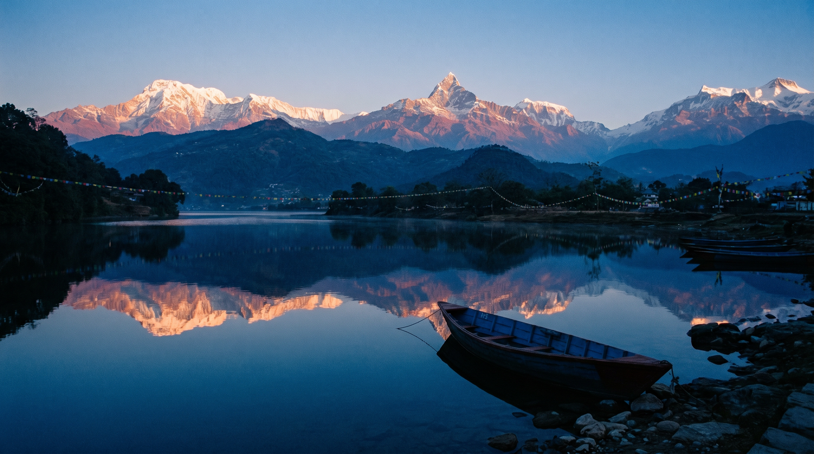 Phewa Lake at last light, Annapurna range across the water