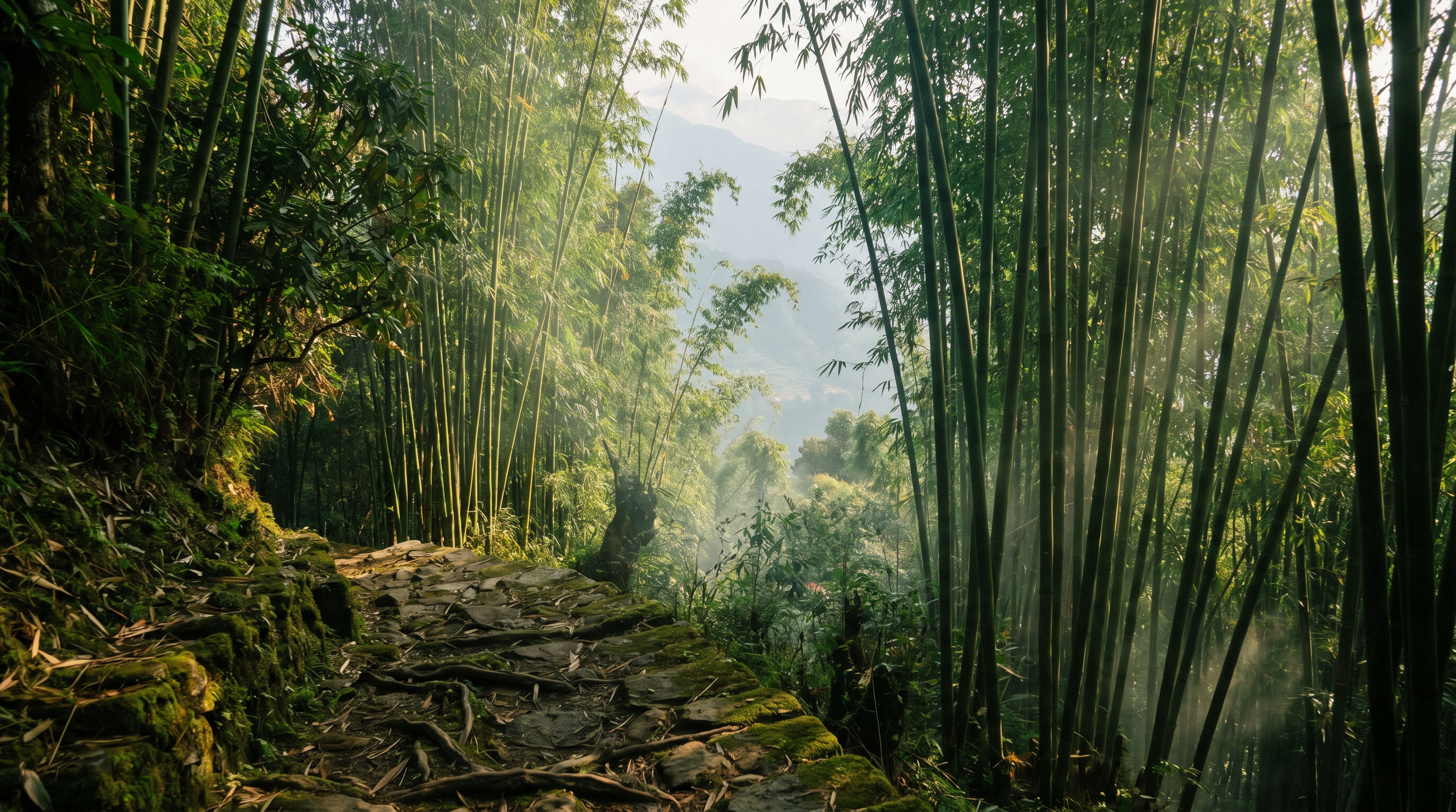 Long descent through bamboo and rhododendron forest