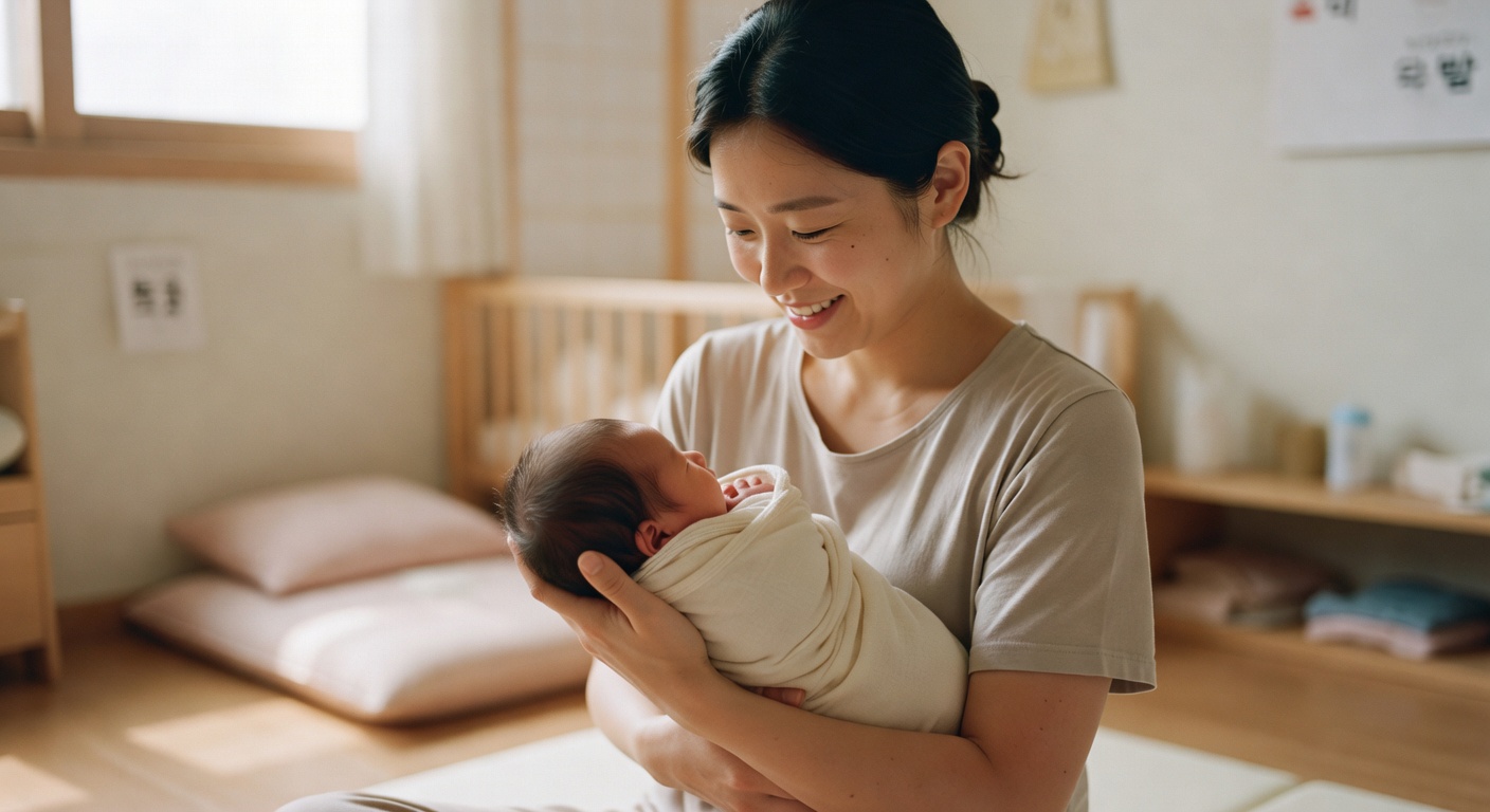 parent gently holding newborn baby in swaddle blanket in a dim nursery room