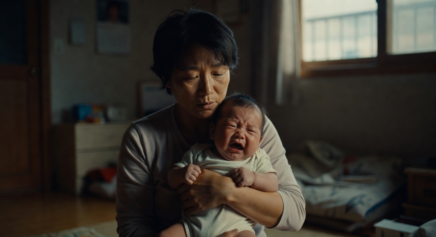 exhausted Korean parent holding crying baby at night in dark room