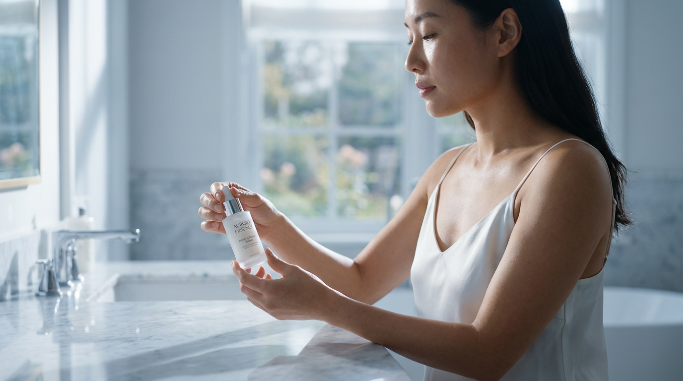 风格：顶级美妆护肤广告 / 真实水光肌肤质（Glass-skin） / 宁静舒缓的清晨氛围 / 5600K标准自然窗光主导 / 局部轮廓光增强立体感 / 100