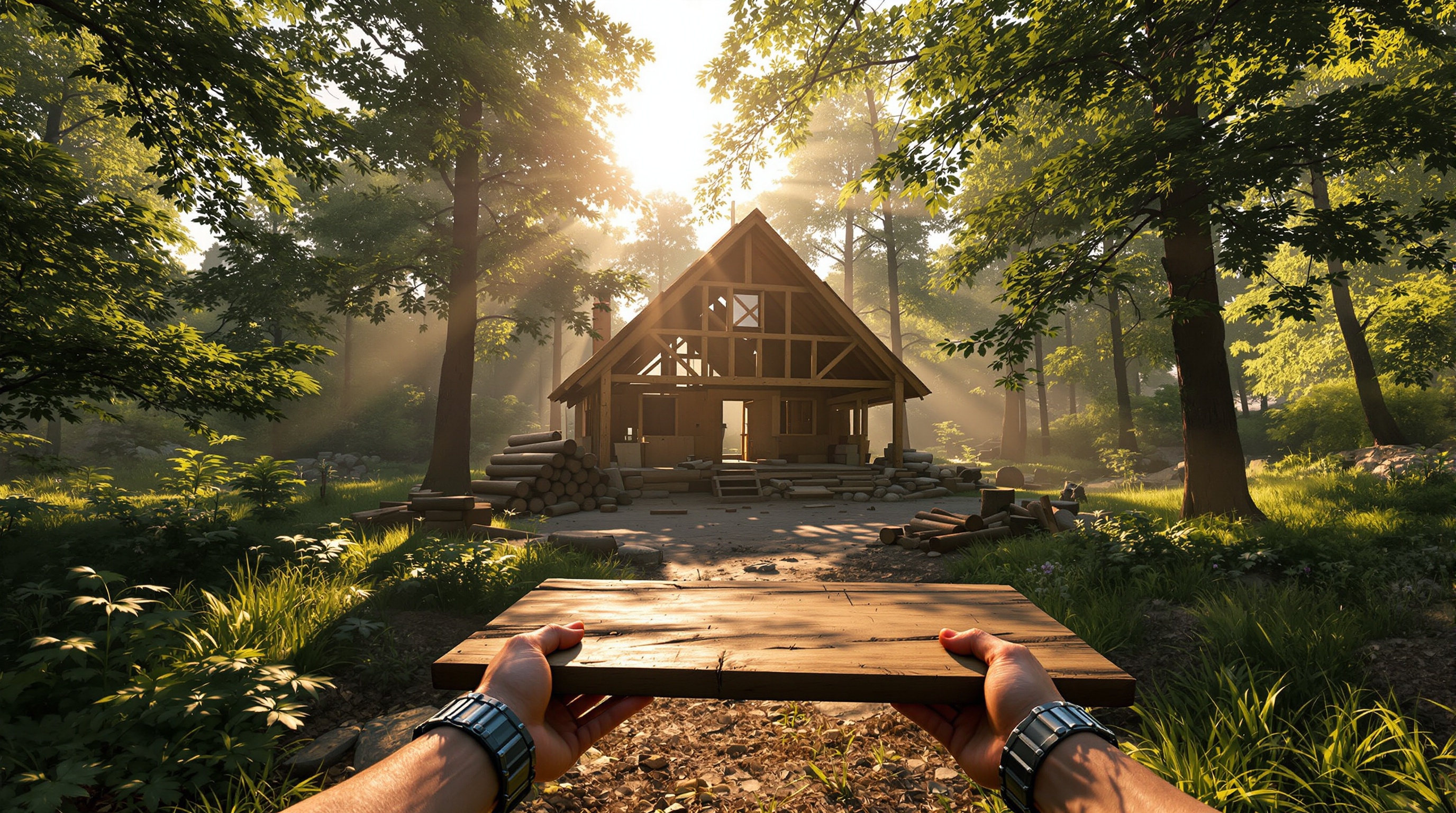 Construyendo una cabaña en El simulador Forest Construction VR, mostrando las físicas realistas.