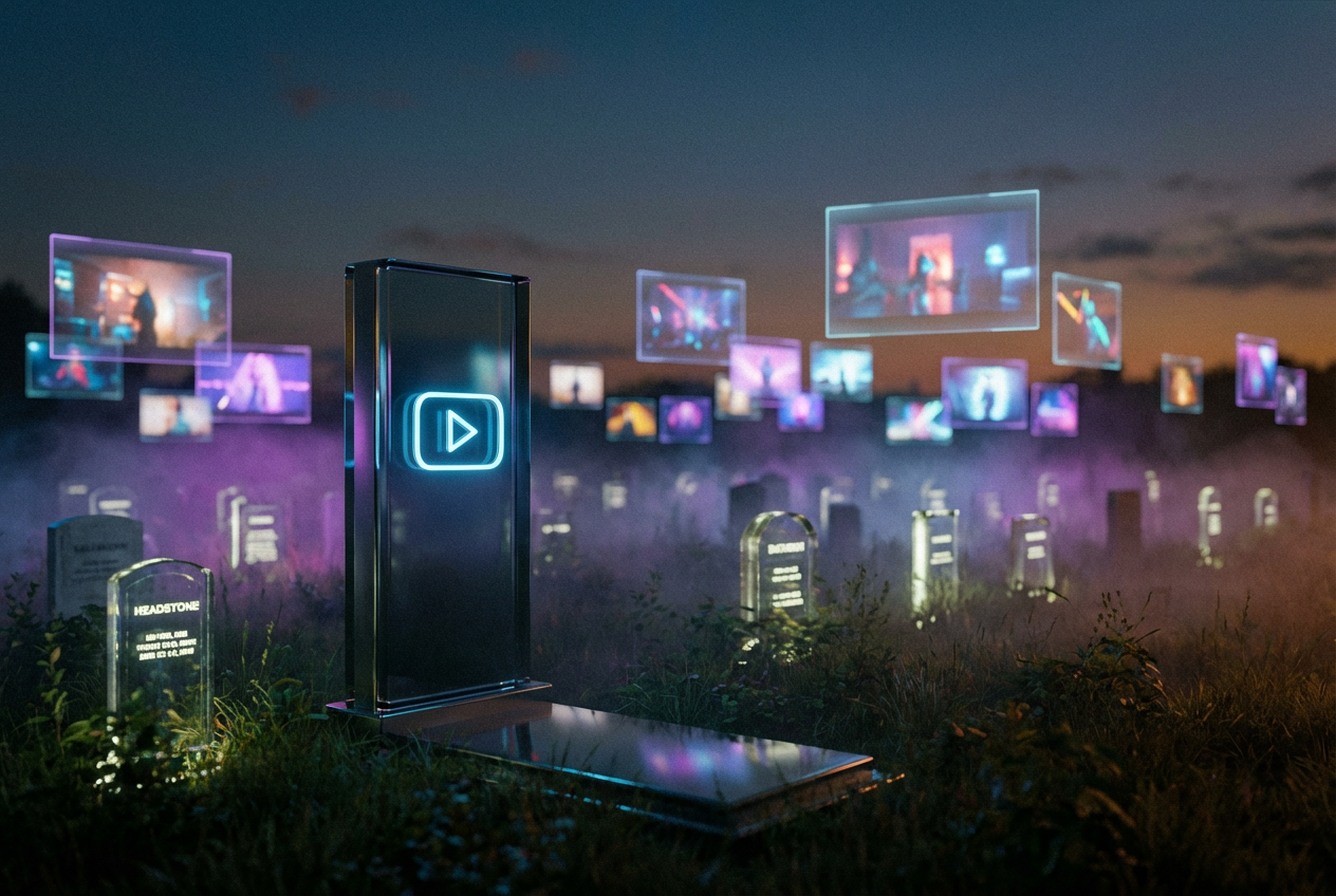 alt text for a digital graveyard with the Sora logo on a tombstone, surrounded by glowing screens showing AI-generated videos still playing