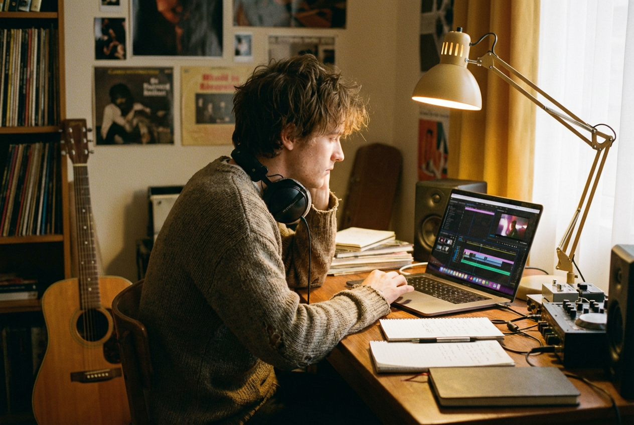 alt text for a musician at a desk using a laptop to create AI music videos
