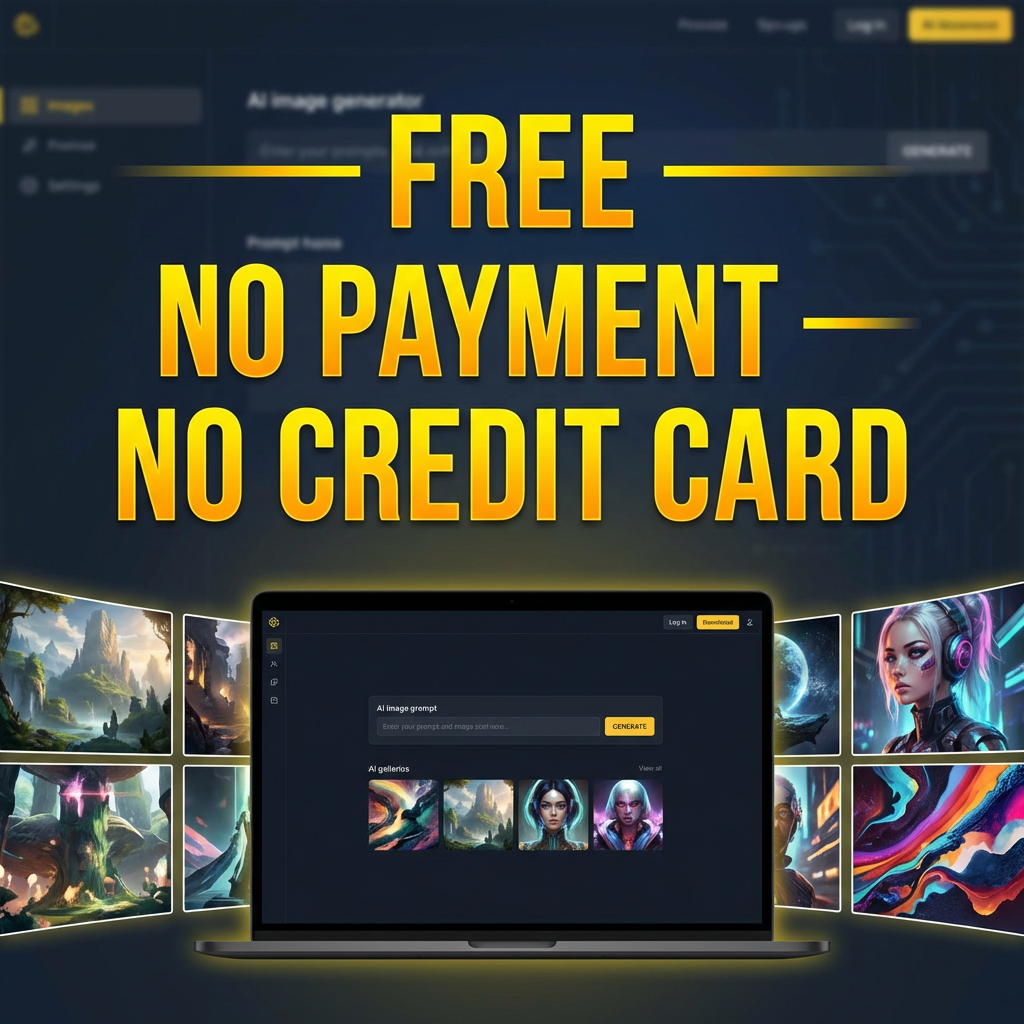 Free AI image generator no payment required banner — yellow FREE NO PAYMENT NO CREDIT CARD overlay on dark AI generator UI, free ai image generators without payment