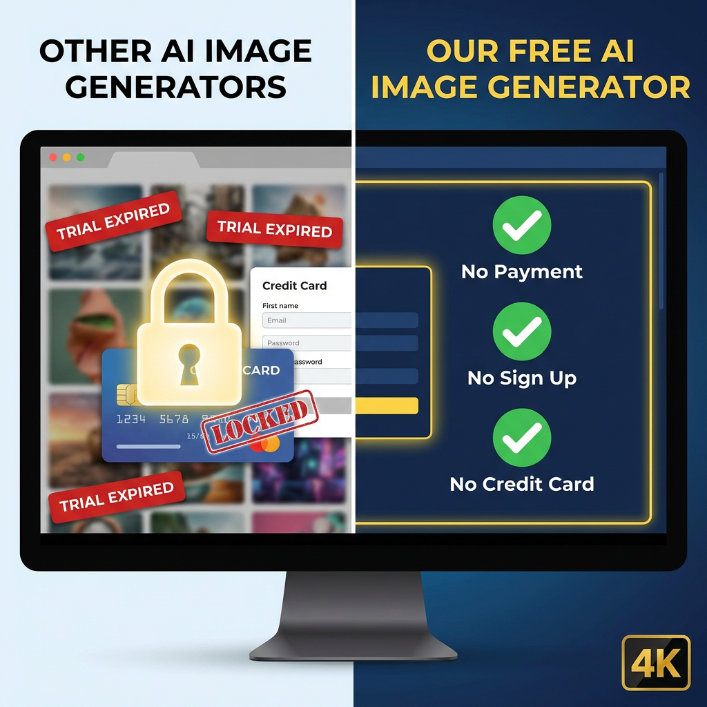 Free AI image generator no payment vs paid trial comparison — locked credit card form on the left, free no sign up generator with green checks on the right