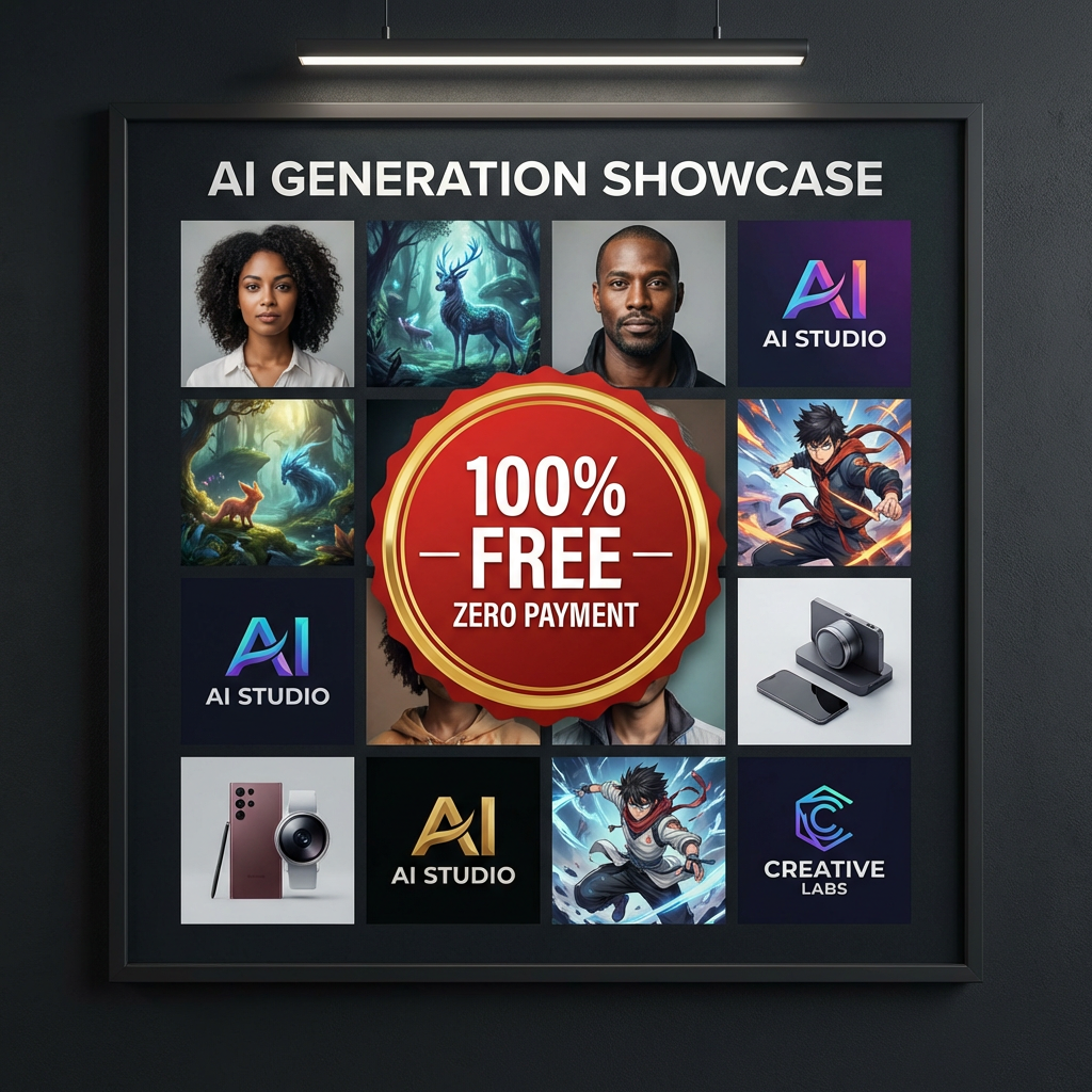 Collage of 12 images created with the free AI image generator no payment required — portraits, anime, logos, product photos with 100% FREE ZERO PAYMENT badge