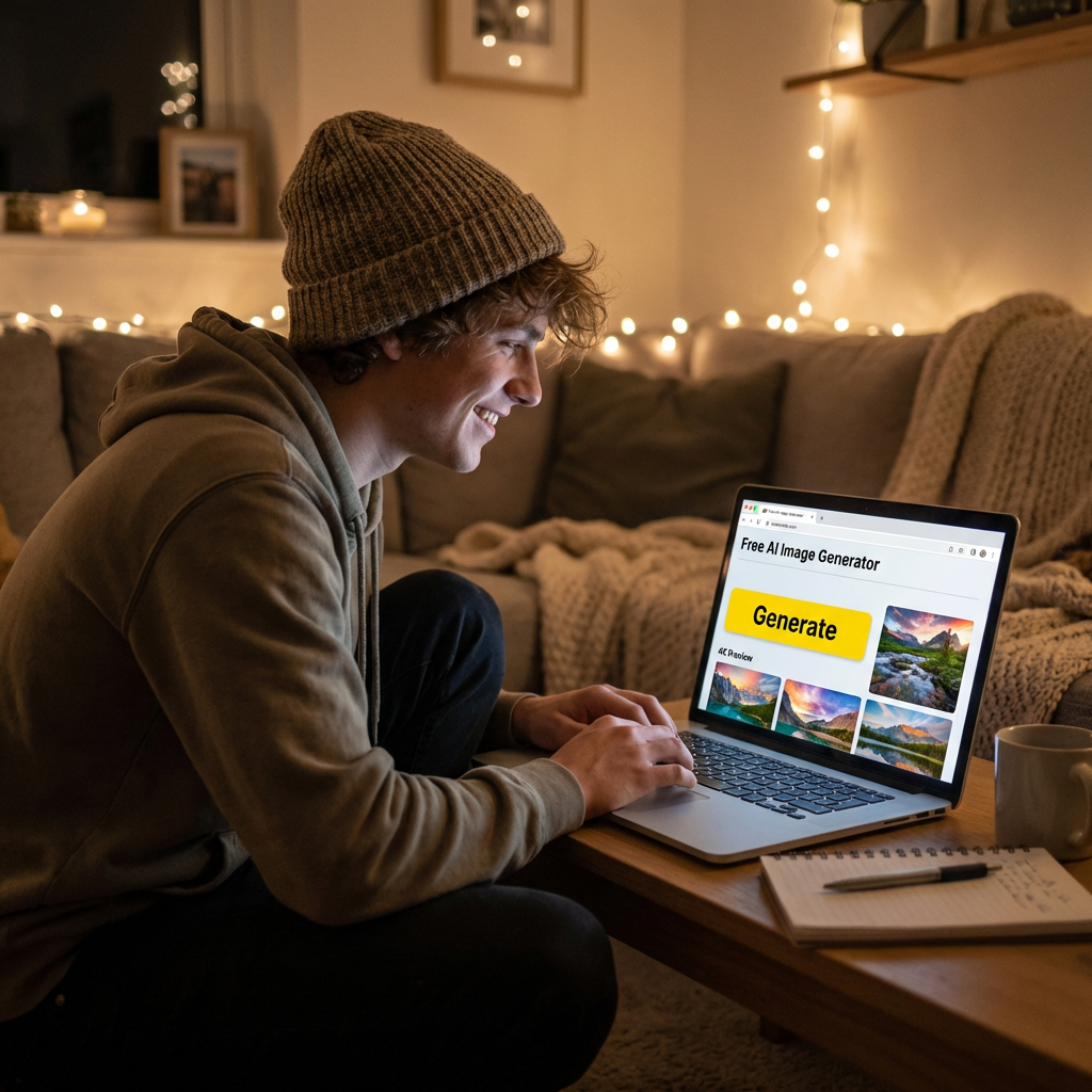Creator using free AI image generator no payment on a laptop — yellow Generate button visible, no credit card field, candid lifestyle photo of free no sign up workflow