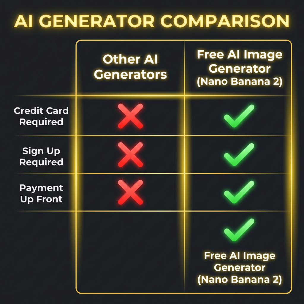 Comparison chart — other AI generators require credit card, payment, sign up; free AI image generator without payment Nano Banana 2 wins on every row