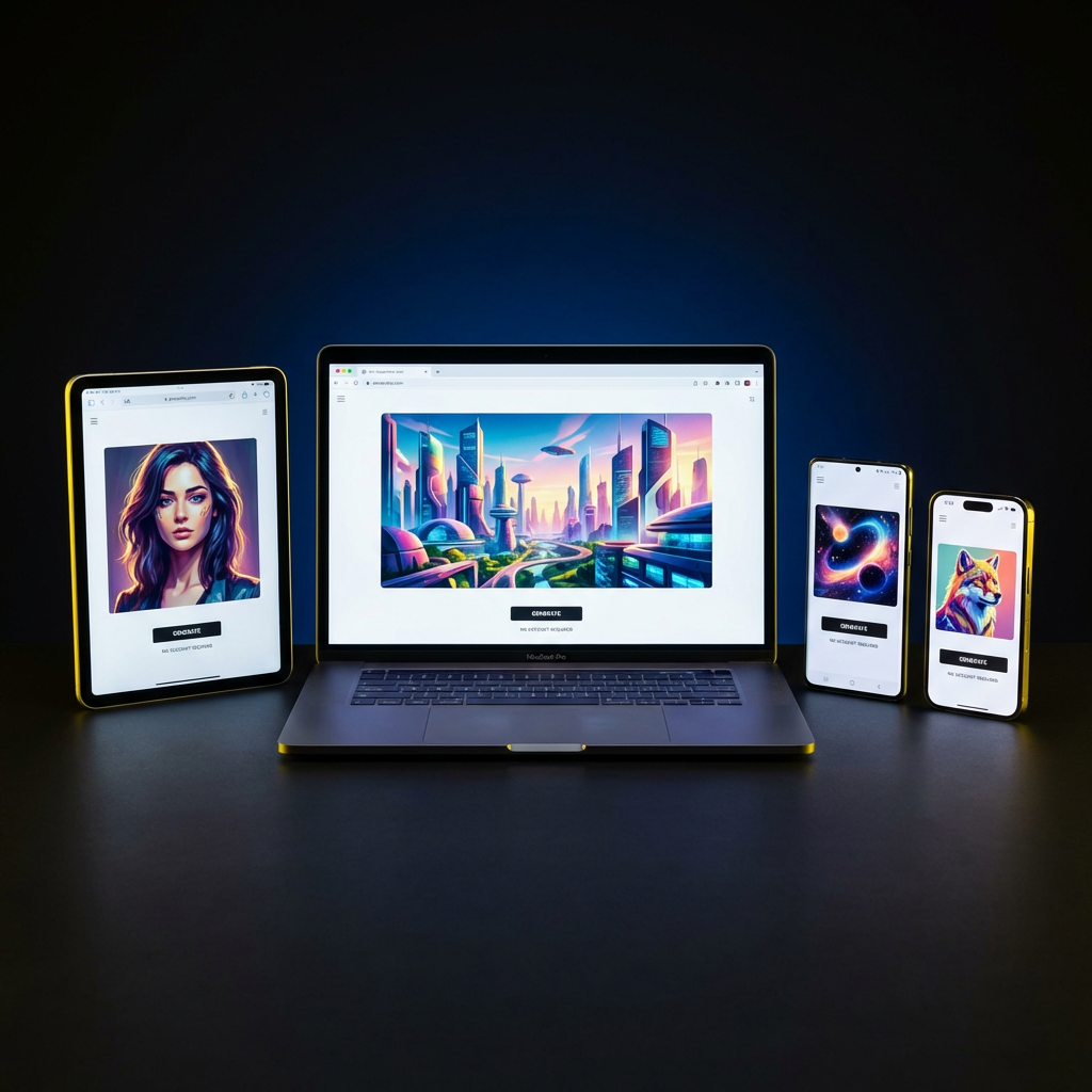 Free AI image generator no payment running on iPhone, MacBook, iPad and Android — multi device showcase, 4K results, no login no payment no credit card