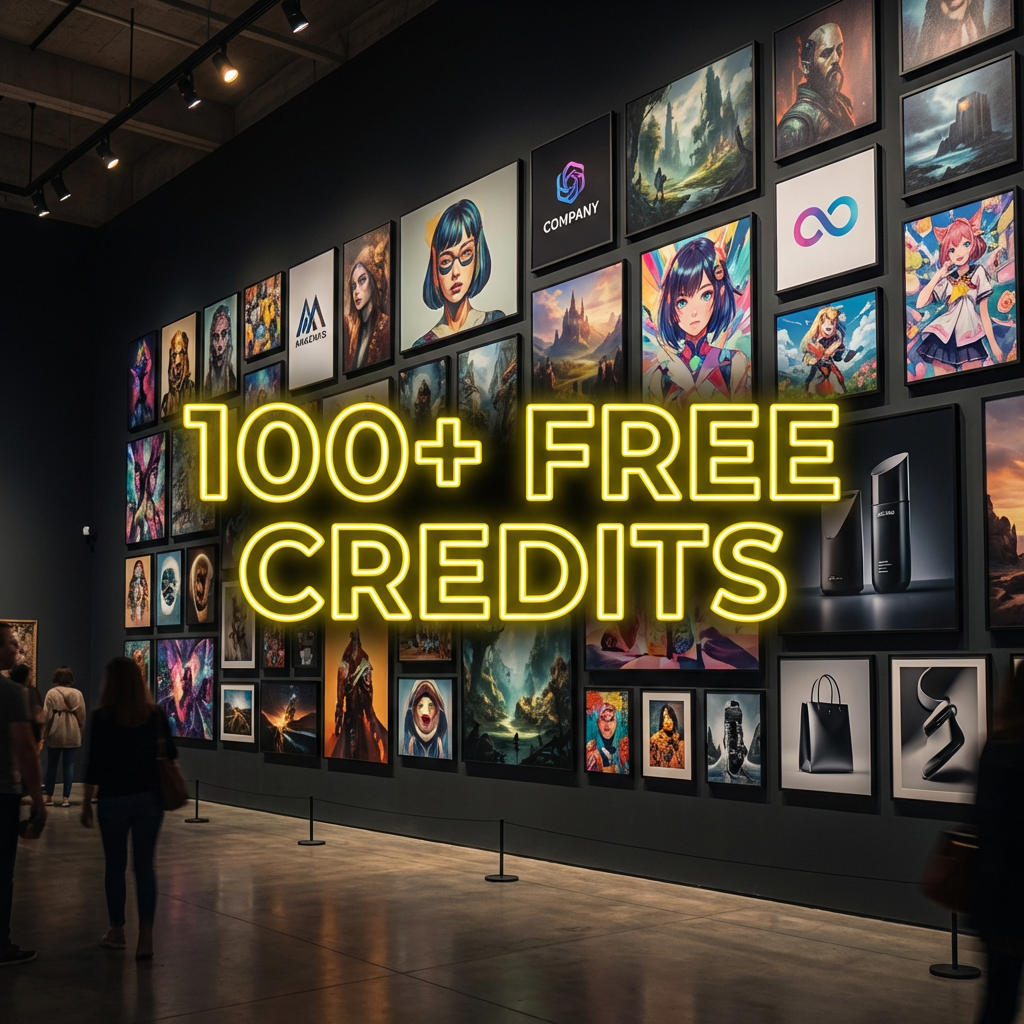 Nano banana 2 free unlimited gallery wall — dozens of AI-generated images with 100+ free credits banner, unlimited Nano Banana 2 showcase