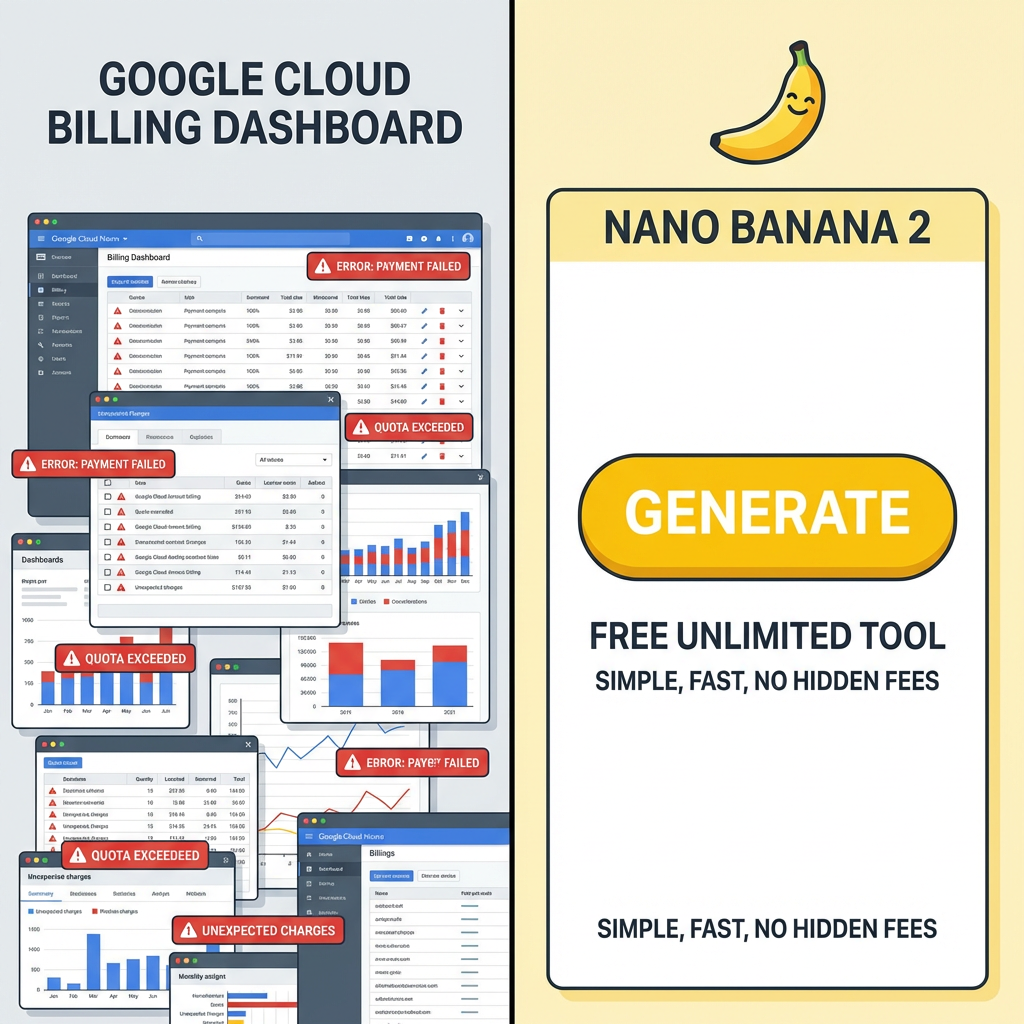 Comparison: complex Google Cloud billing vs simple nano banana 2 free unlimited tool — free unlimited Nano Banana 2 vs paid Gemini API
