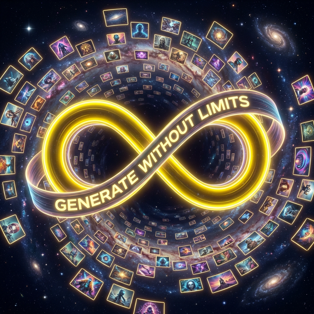 Glowing yellow infinity symbol surrounded by AI thumbnails reading Generate Without Limits — nano banana 2 unlimited free hero visual