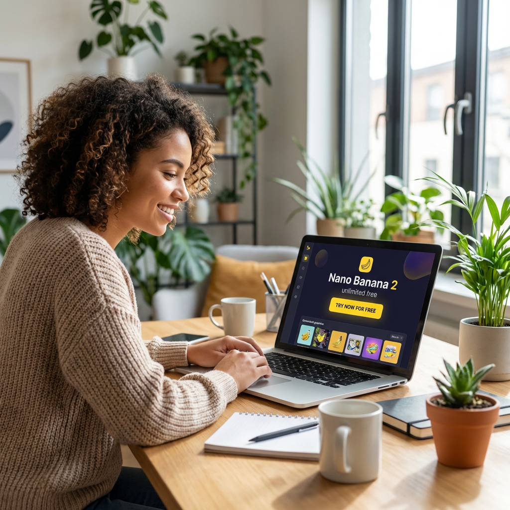 Creator generating images on a laptop with the unlimited Nano Banana 2 tool — nano banana 2 free no limits in everyday use
