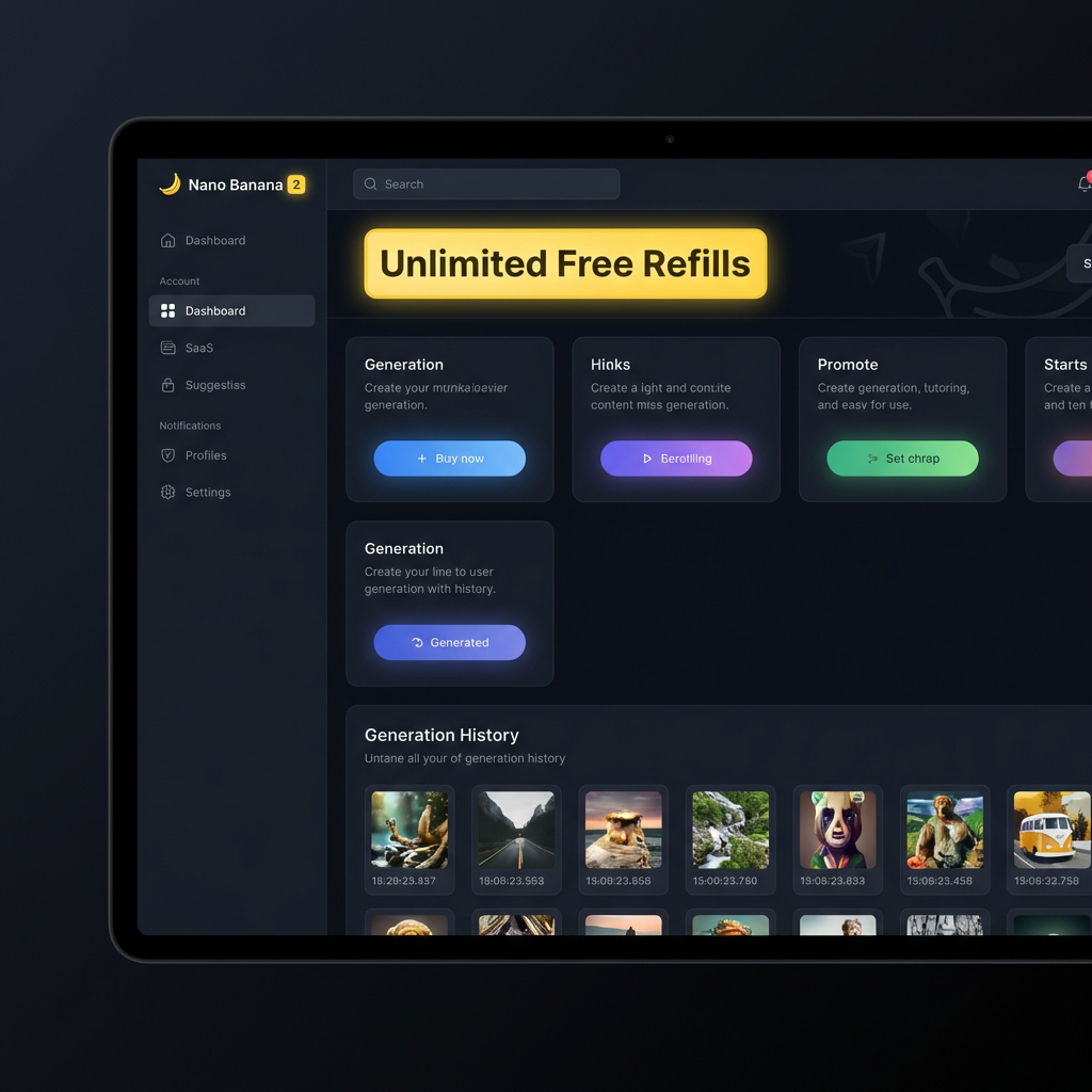 Free unlimited Nano Banana 2 dashboard mockup with unlimited free refills counter — nano banana 2 without limits user interface