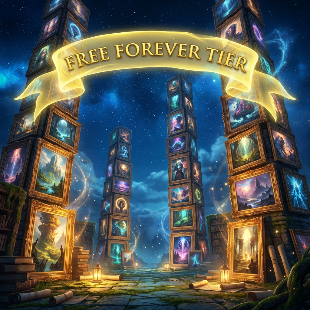 Stacks of artworks rising to the sky with FREE FOREVER TIER banner — nano banana 2 unlimited free creative output